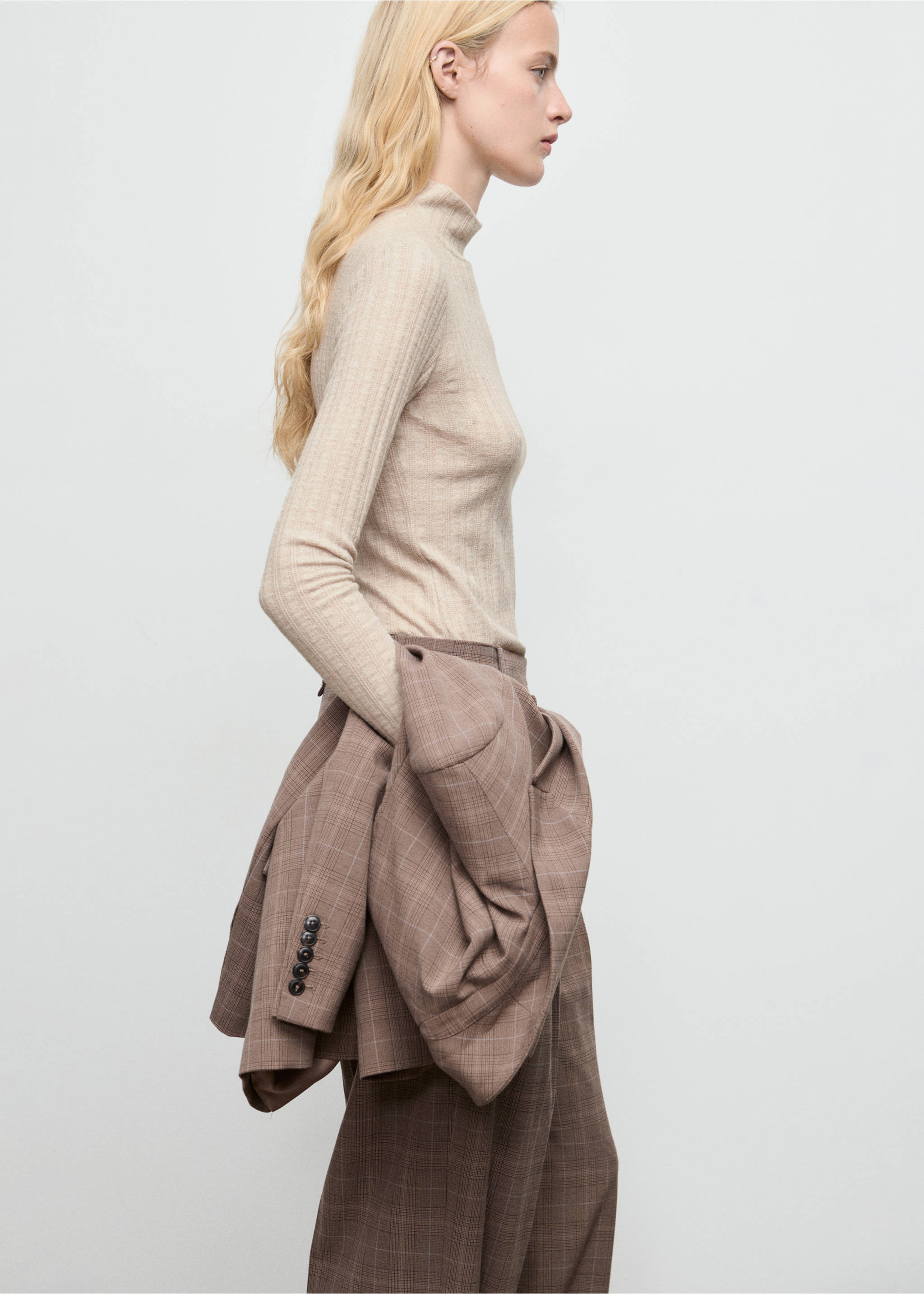 Ribbed high neck t-shirt - Details of the article 2, Light/Pastel Grey. Ref: 87030614-00.