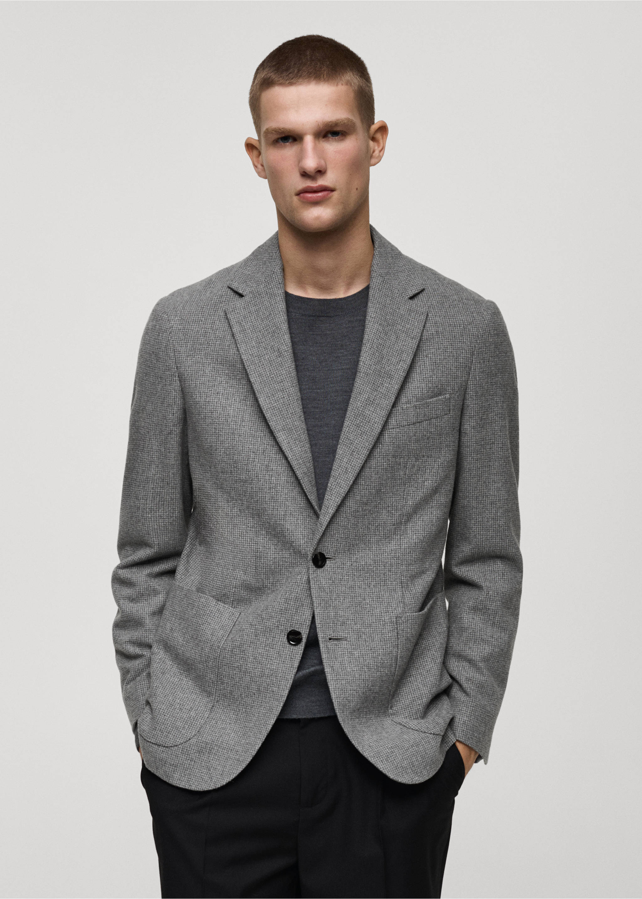Slim-fit micro-houndstooth wool jacket - Medium plane, Grey. Ref: 87030631-00.