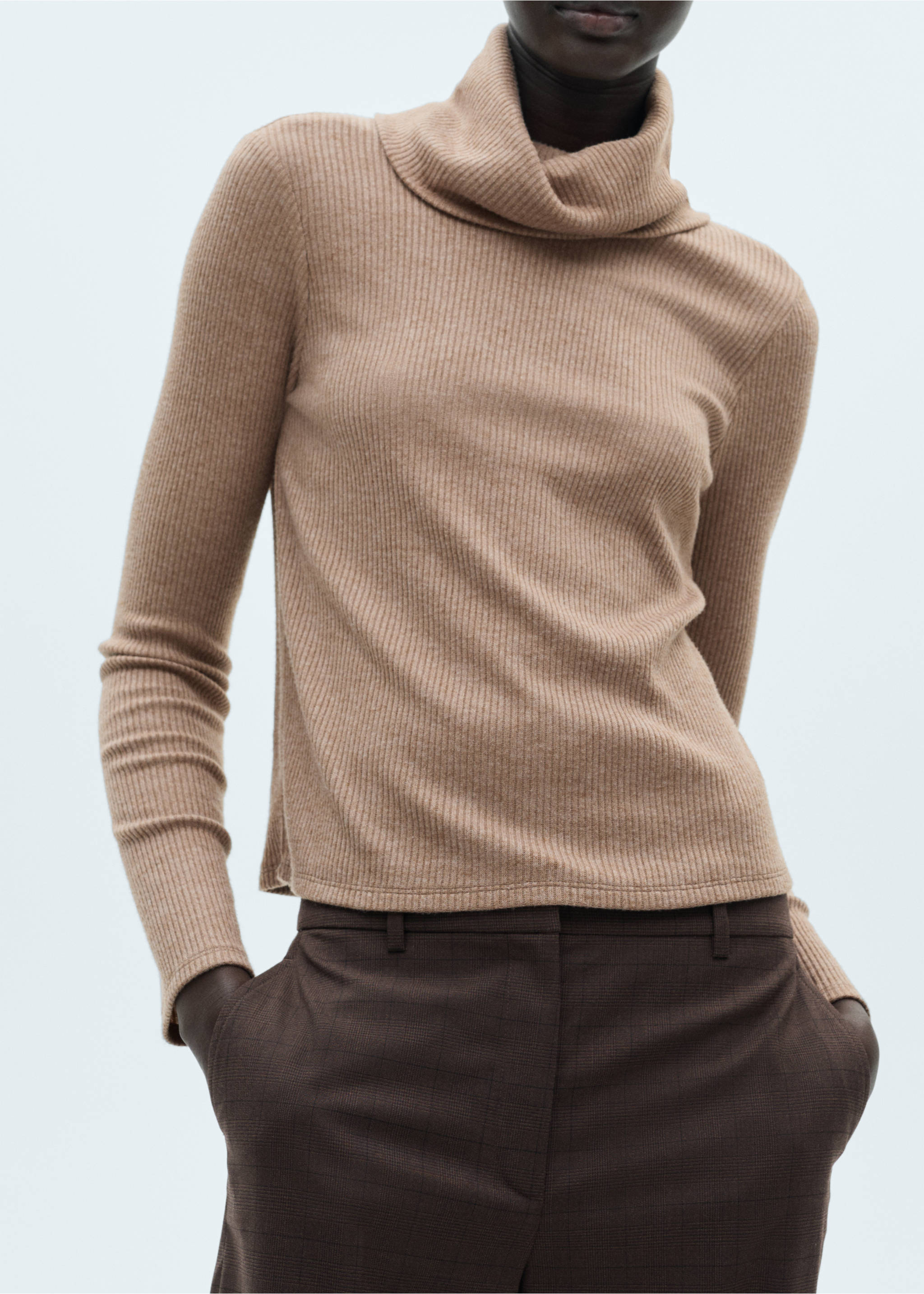 Turtle neck ribbed t-shirt - Details of the article 6, Brown. Ref: 87030639-00.