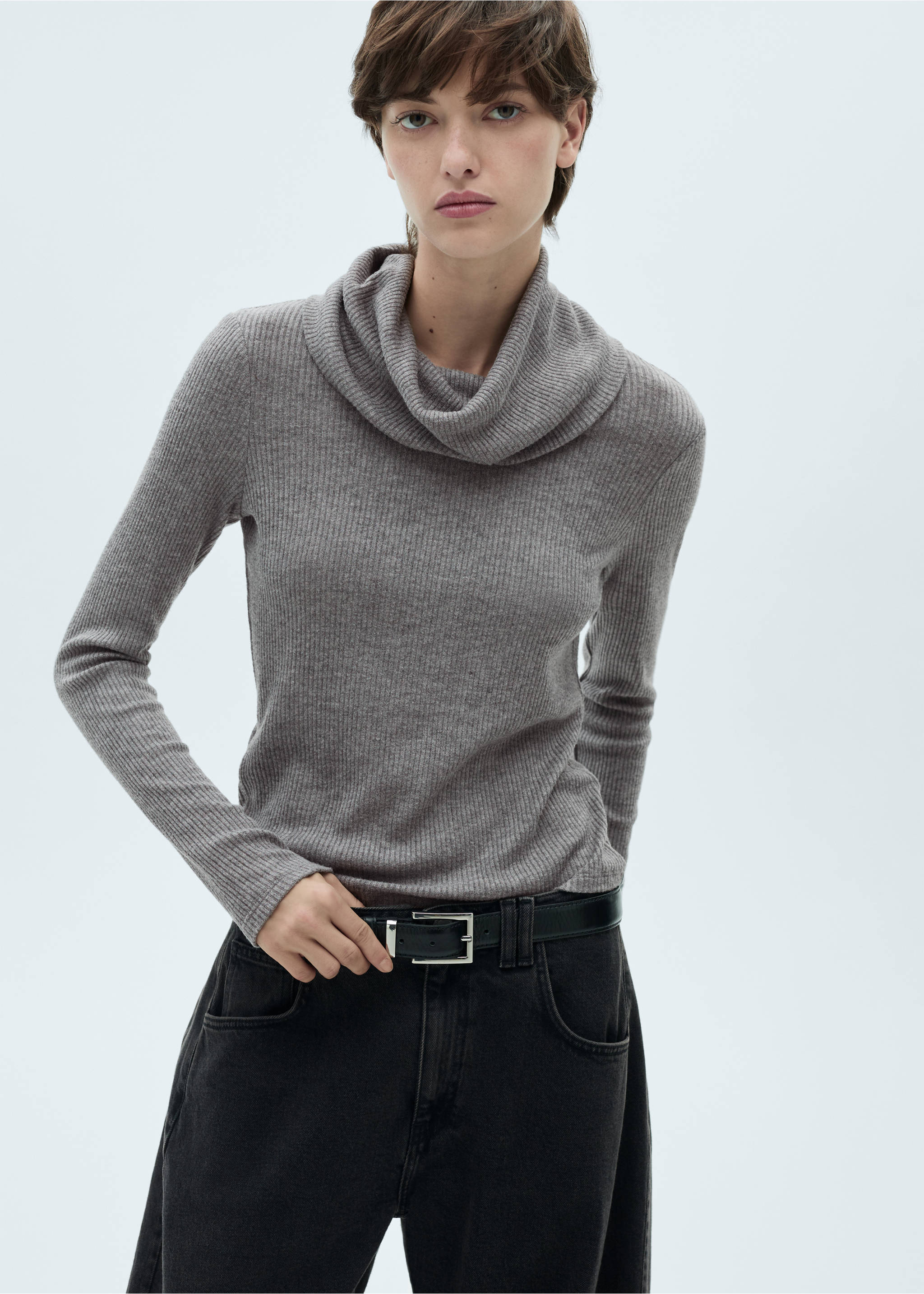 Turtle neck ribbed t-shirt - Medium plane, Grey. Ref: 87030639-00.