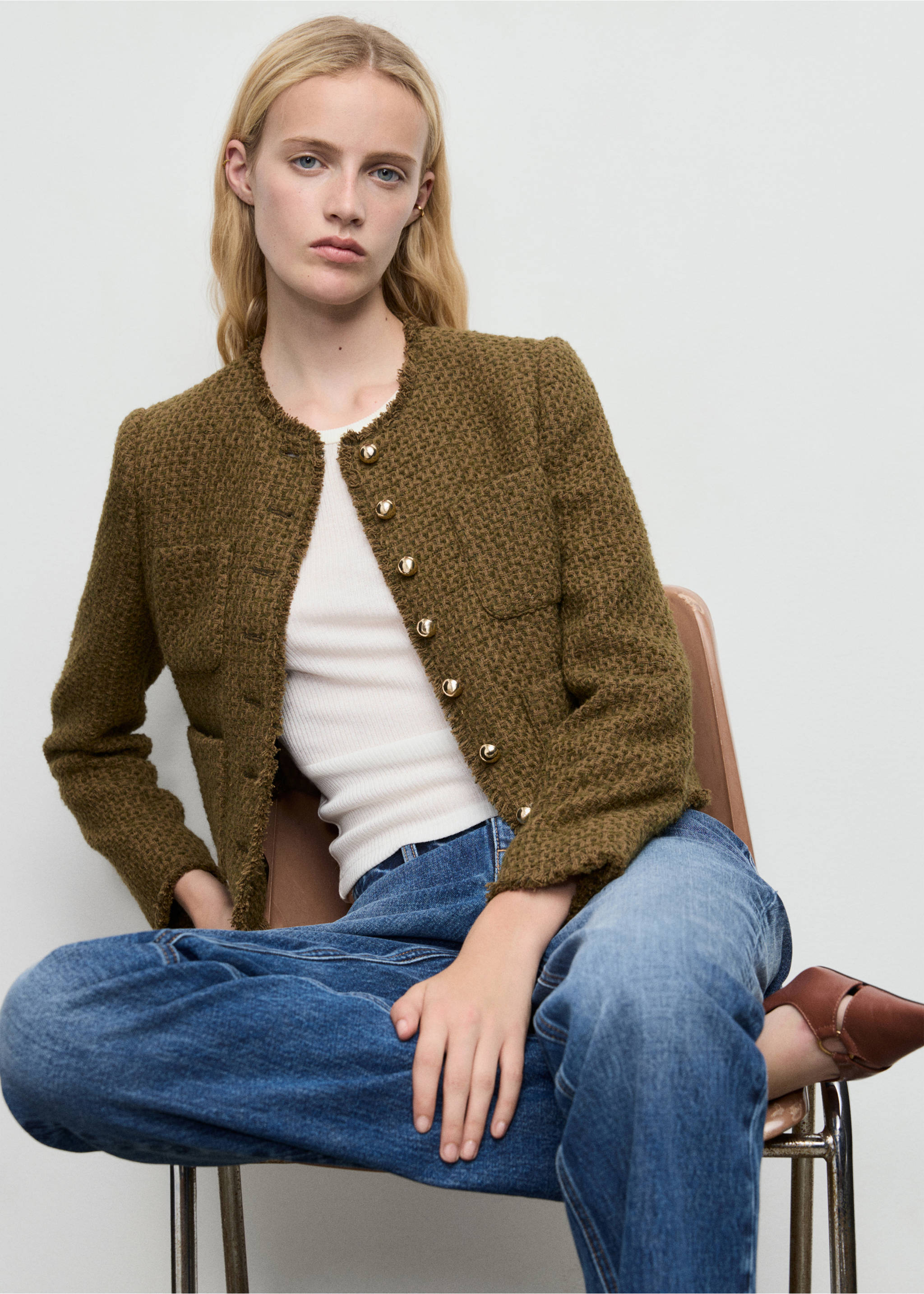 Tweed jacket with jewel buttons - Medium plane, Khaki. Ref: 87030653-00.