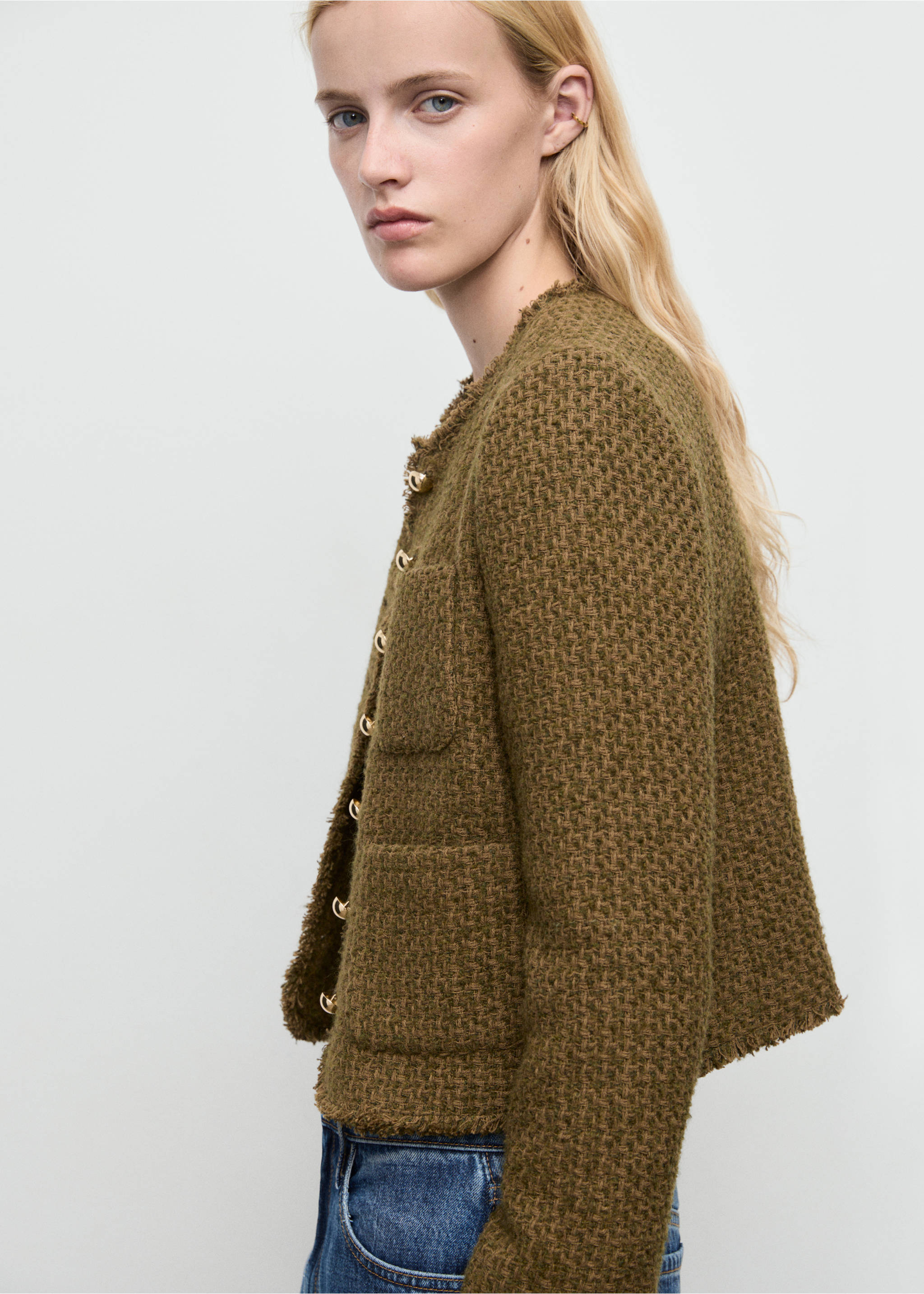 Tweed jacket with jewel buttons - Details of the article 3, Khaki. Ref: 87030653-00.