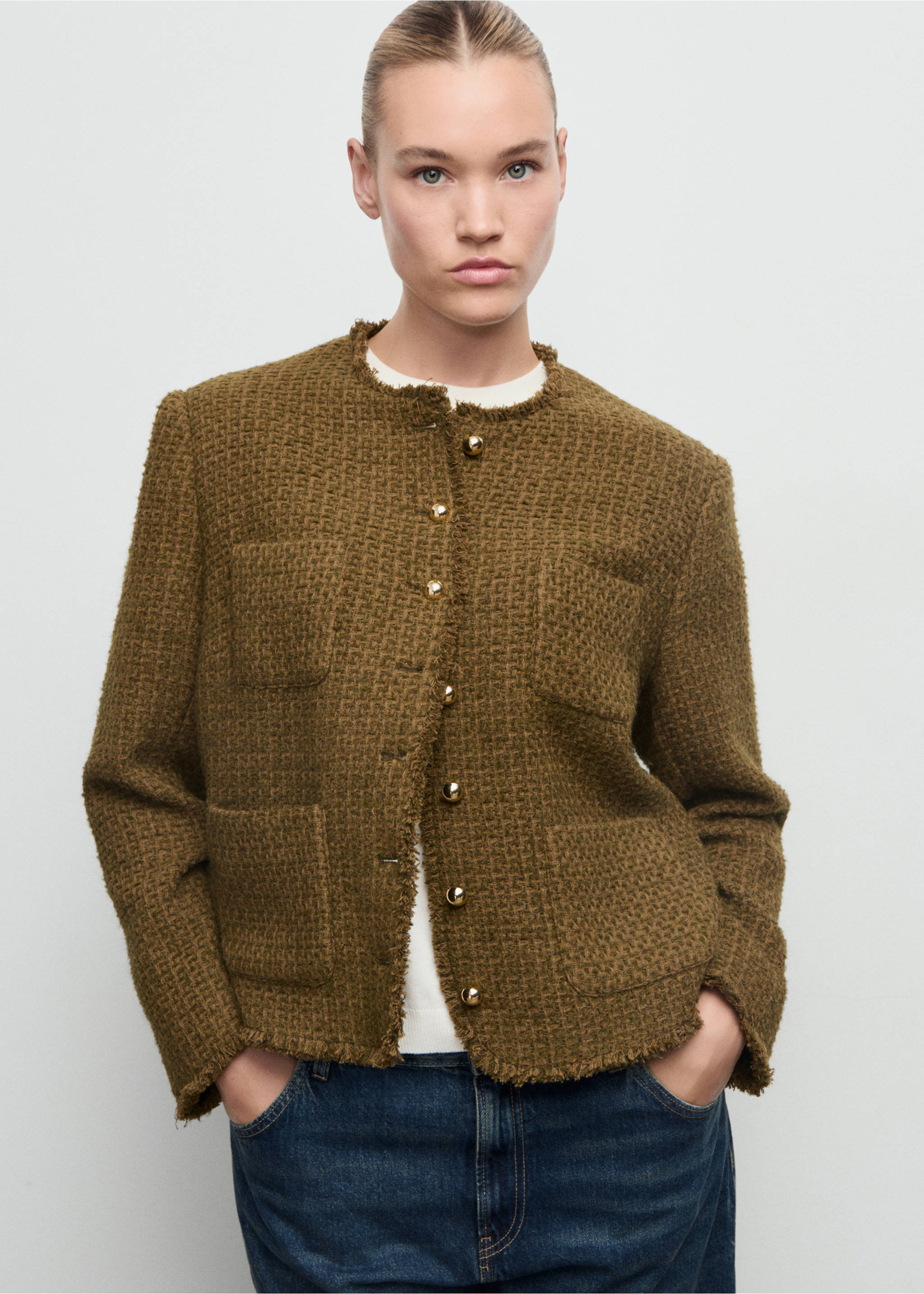 Tweed jacket with jewel buttons - Details of the article 5, Khaki. Ref: 87030653-00.