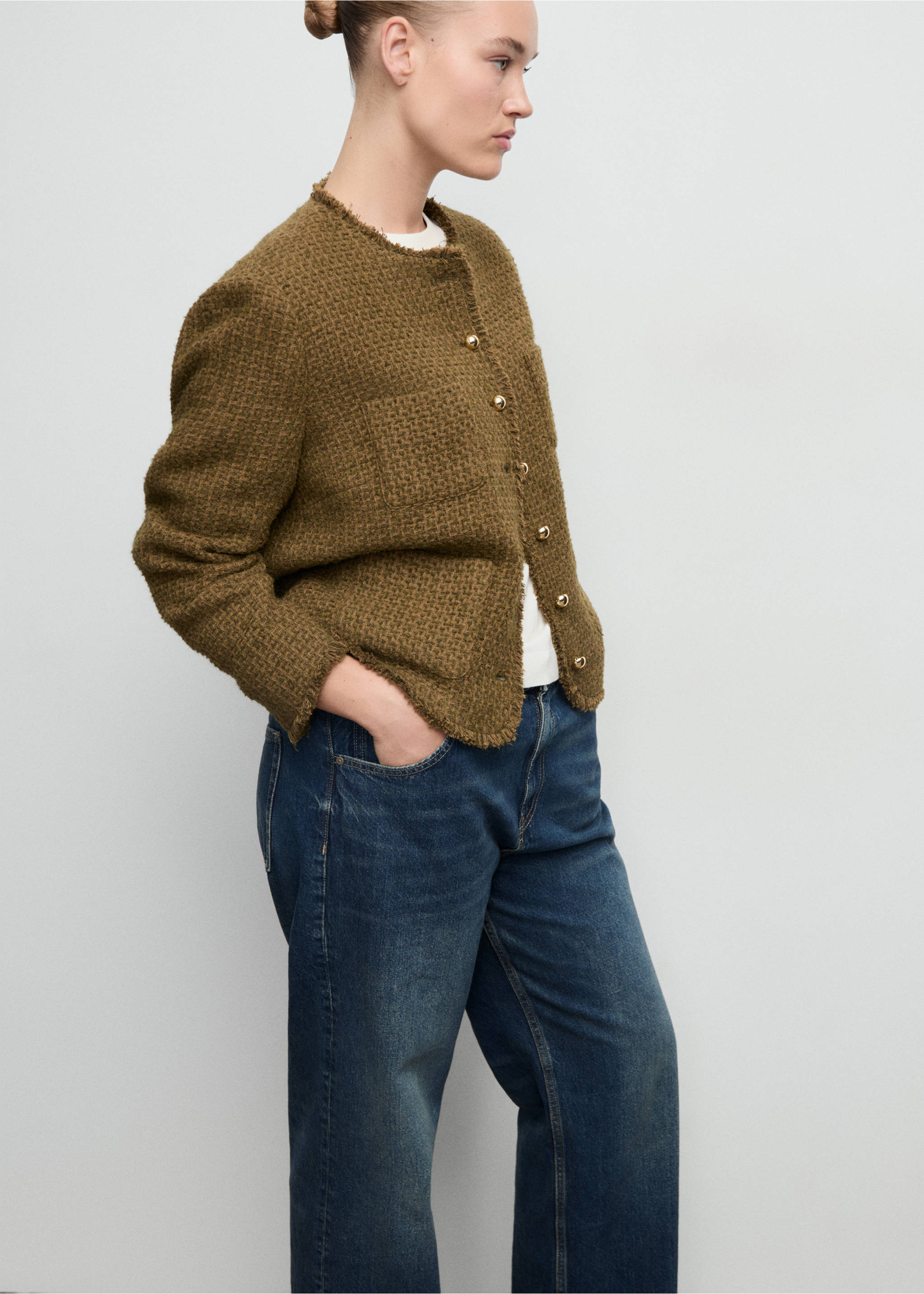 Tweed jacket with jewel buttons - Details of the article 4, Khaki. Ref: 87030653-00.