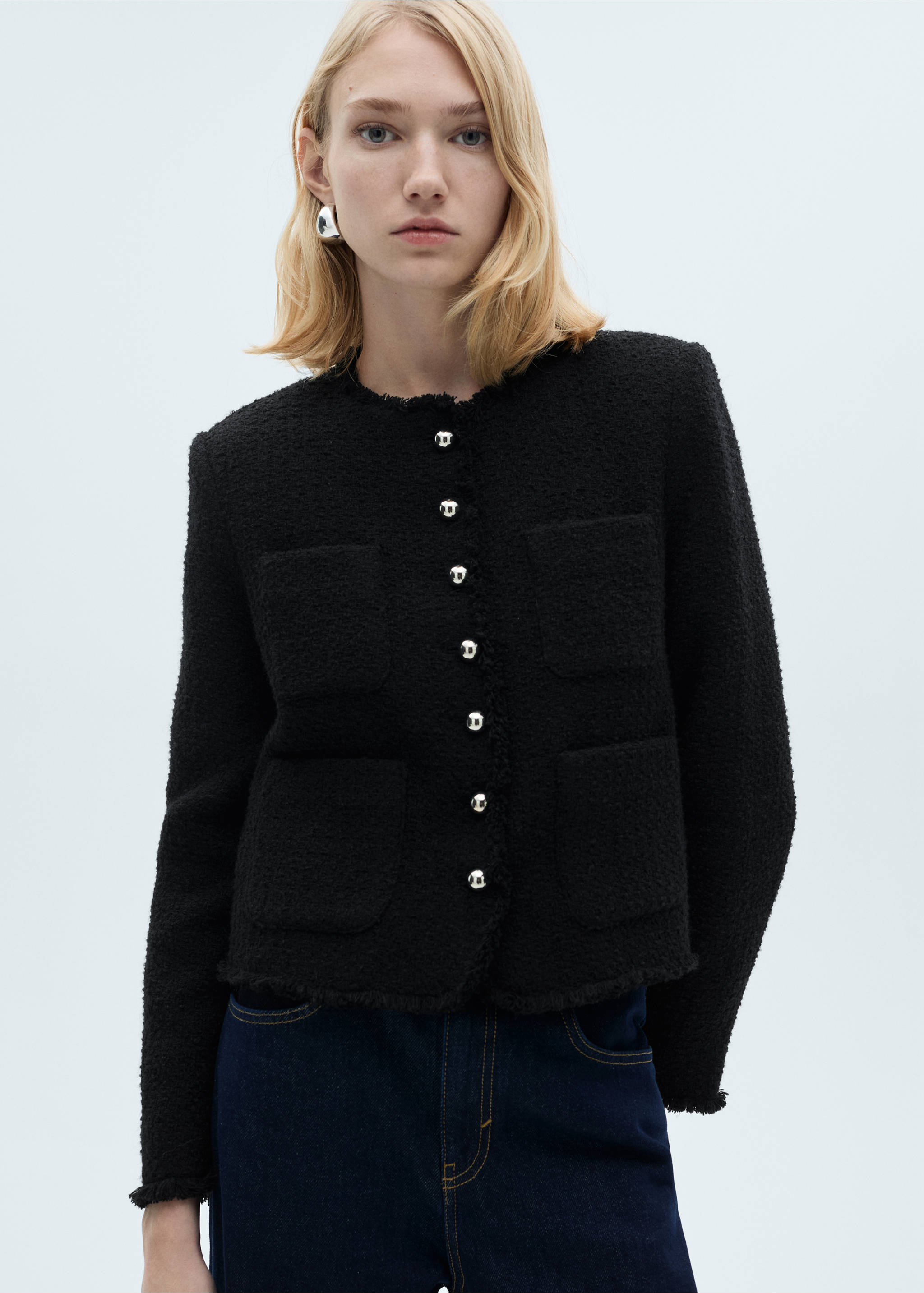 Tweed jacket with jewel buttons - Medium plane, Black. Ref: 87030653-00.