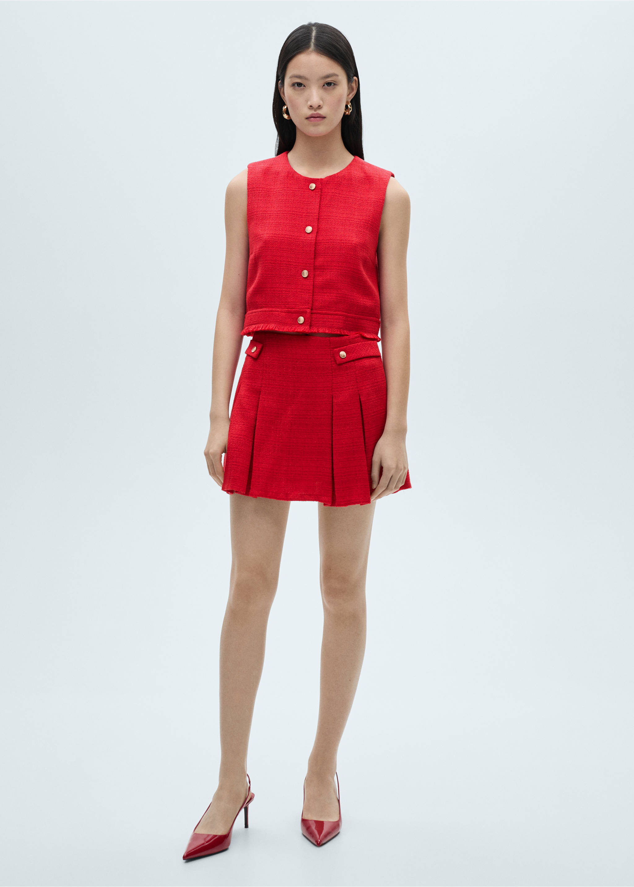 Saia de tweed com pregas - Plano geral, Vermelho. Ref: 87032531-00.