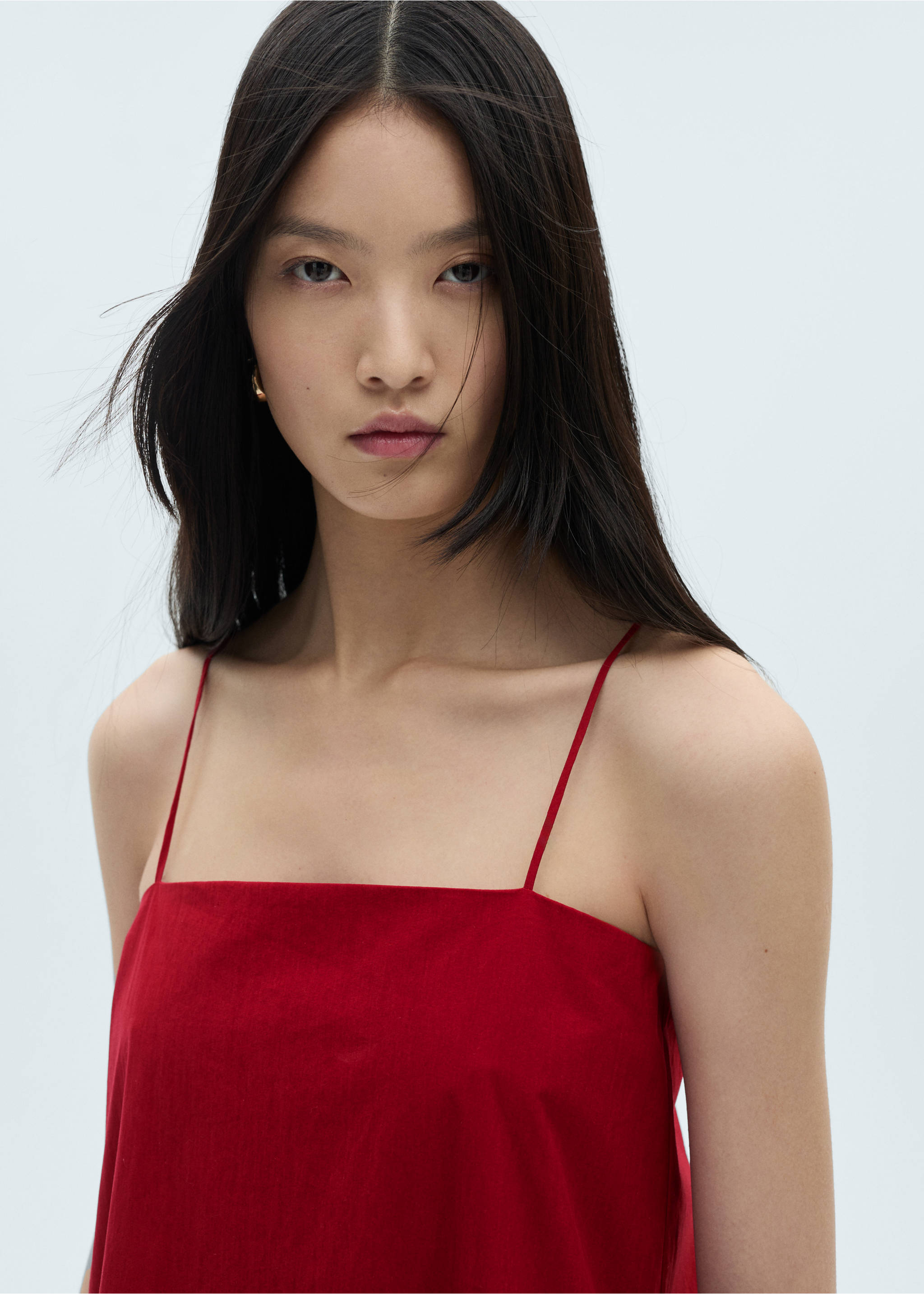 Ruffle dress with thin straps - Details of the article 1, Red. Ref: 87032545-00.