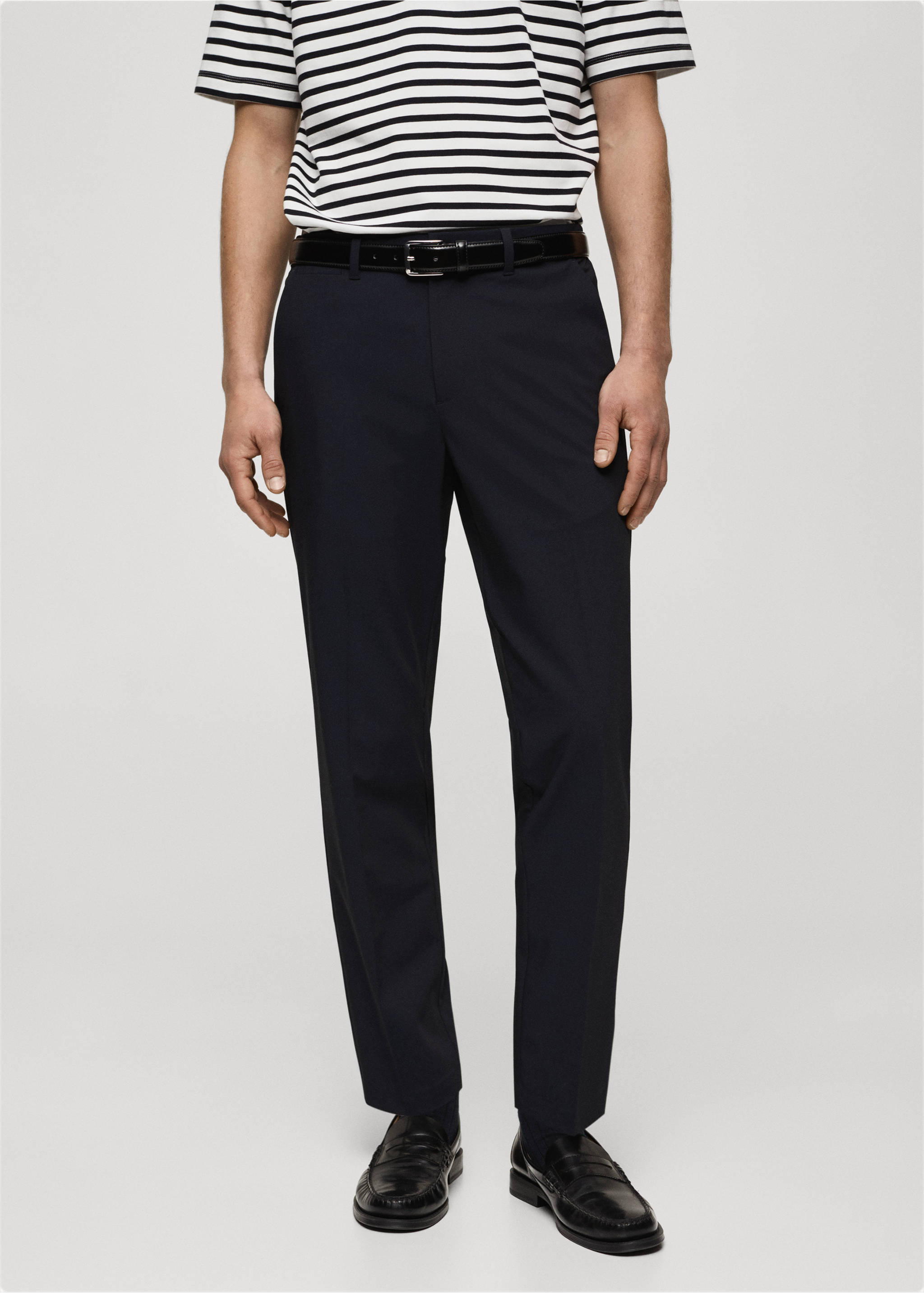Navy blue trousers with belt loops, worn with a black belt and striped t-shirt., Dark Navy. Ref: 87032889-00.
