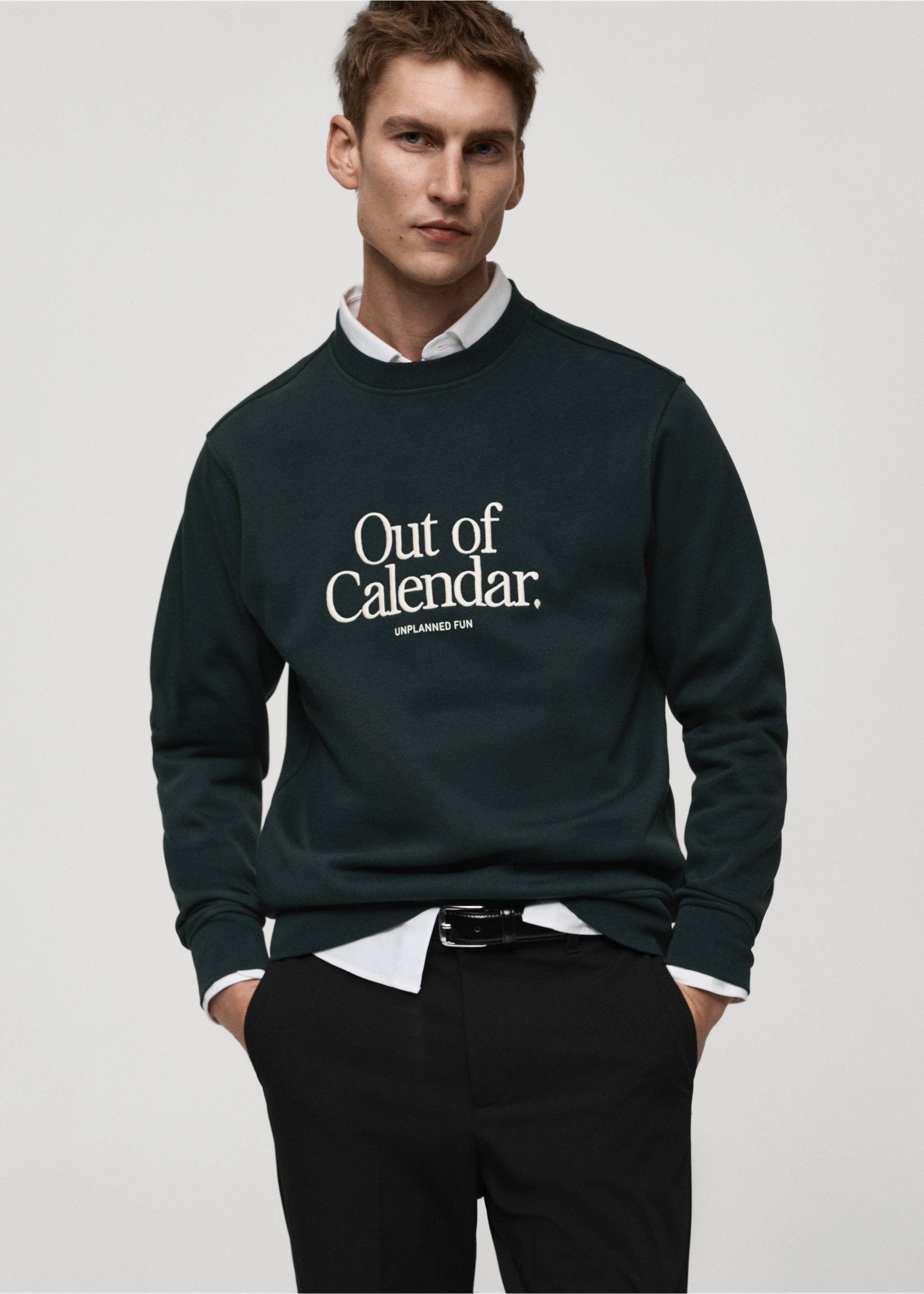 Cotton sweatshirt with embroidered message - Medium plane, Green. Ref: 87032893-00.