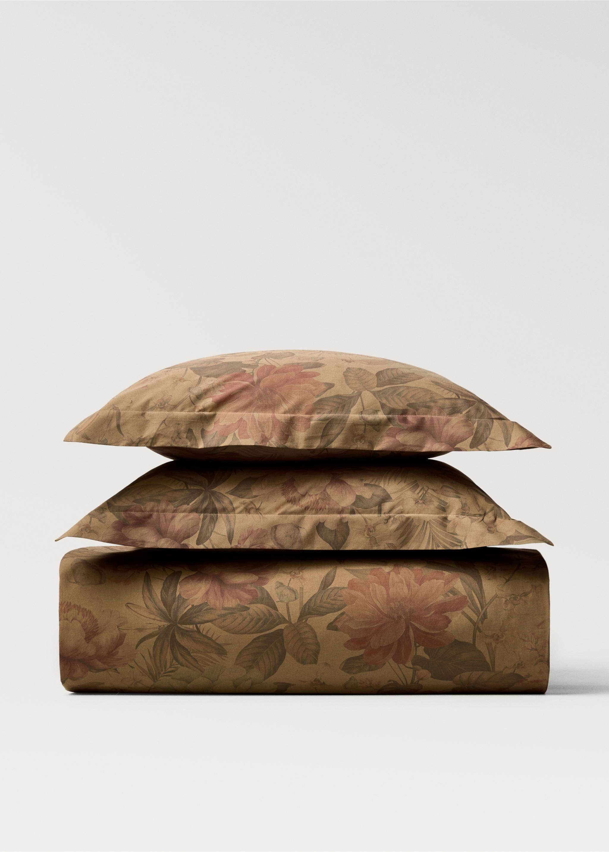 Percale cotton multi-coloured floral-print duvet cover Single bed - Article without model, Khaki. Ref: 87032914-00.