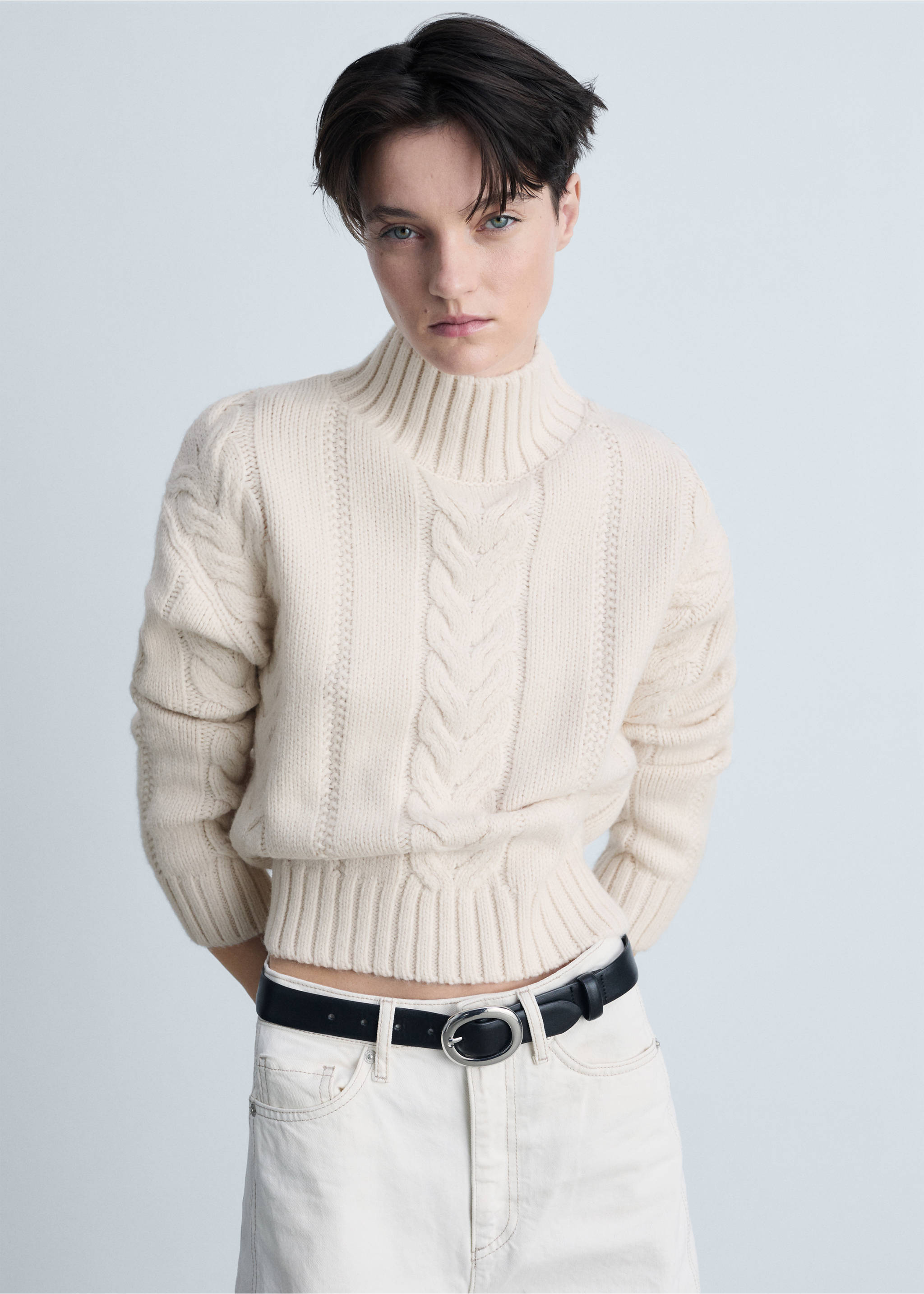 Braided sweater with perkins neck - Medium plane, Ecru. Ref: 87033272-00.