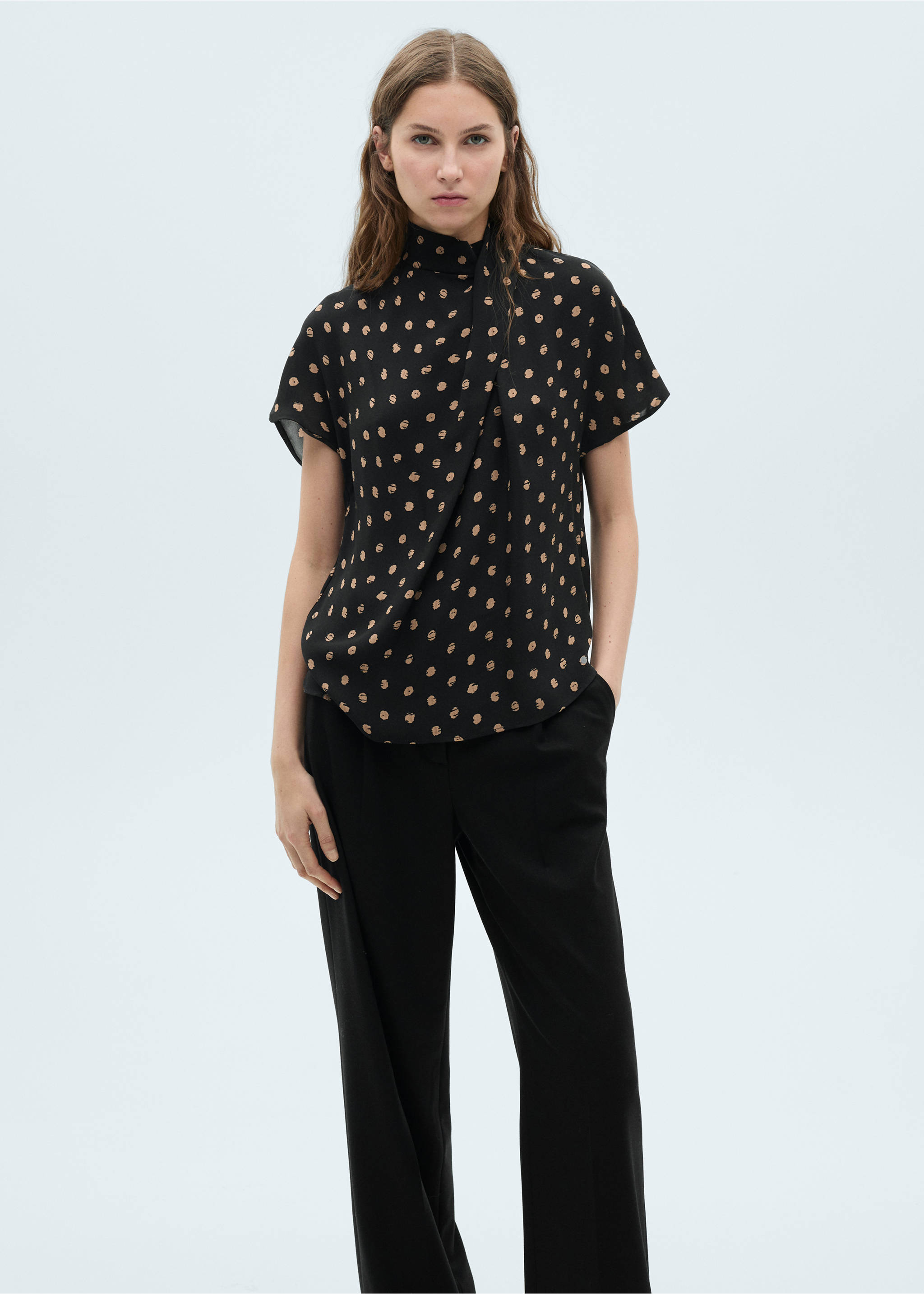 Polka-dot blouse with draped collar - Details of the article 6, Black. Ref: 87034071-00.