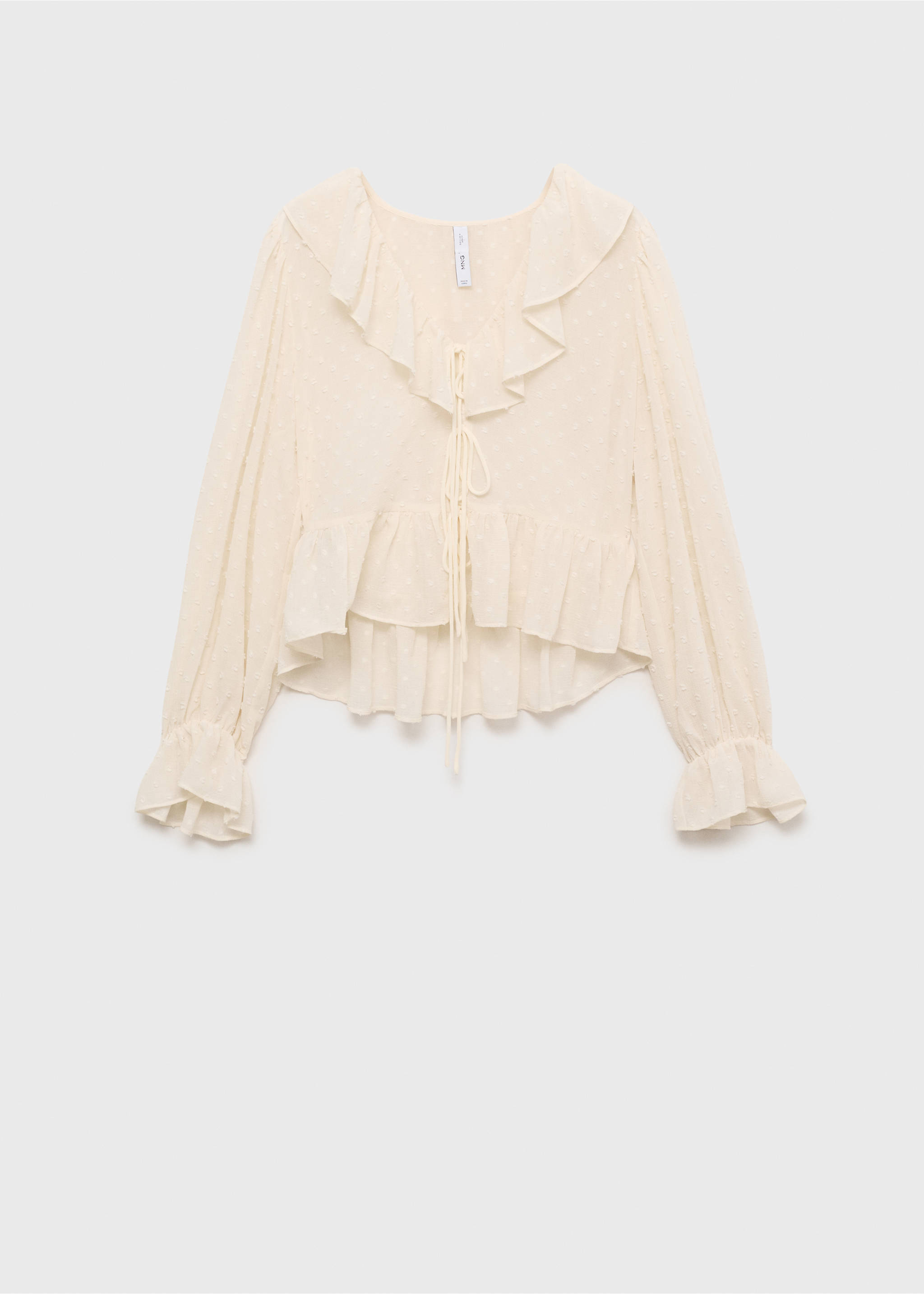 Ruffled blouse with bow closure - Article without model, Ecru. Ref: 87034074-00.