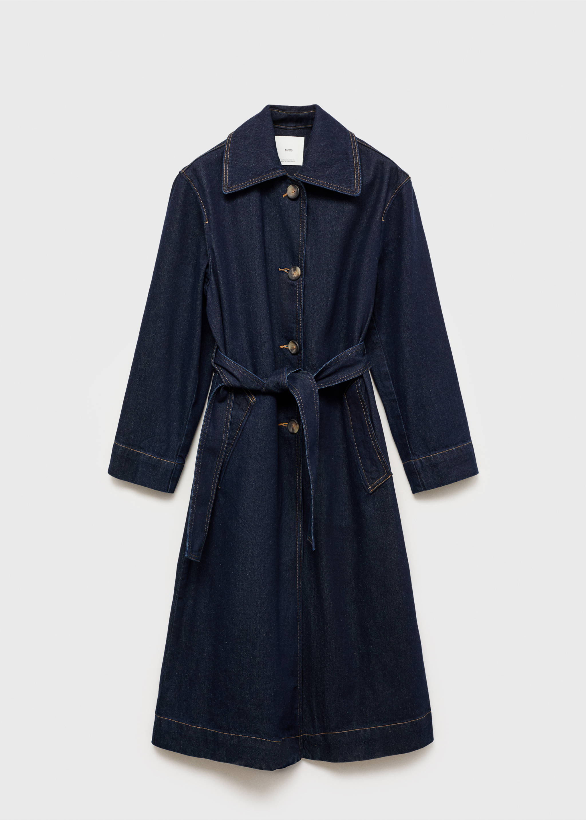 Long rinse-wash denim trench coat - Article without model, Open Blue. Ref: 87034078-00.