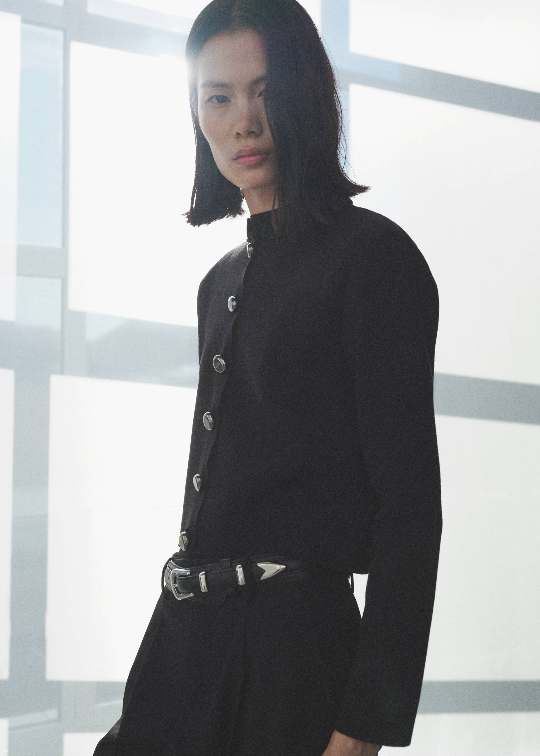 Jacket with jewel-button strip collar - Medium plane, Black. Ref: 87034090-00.