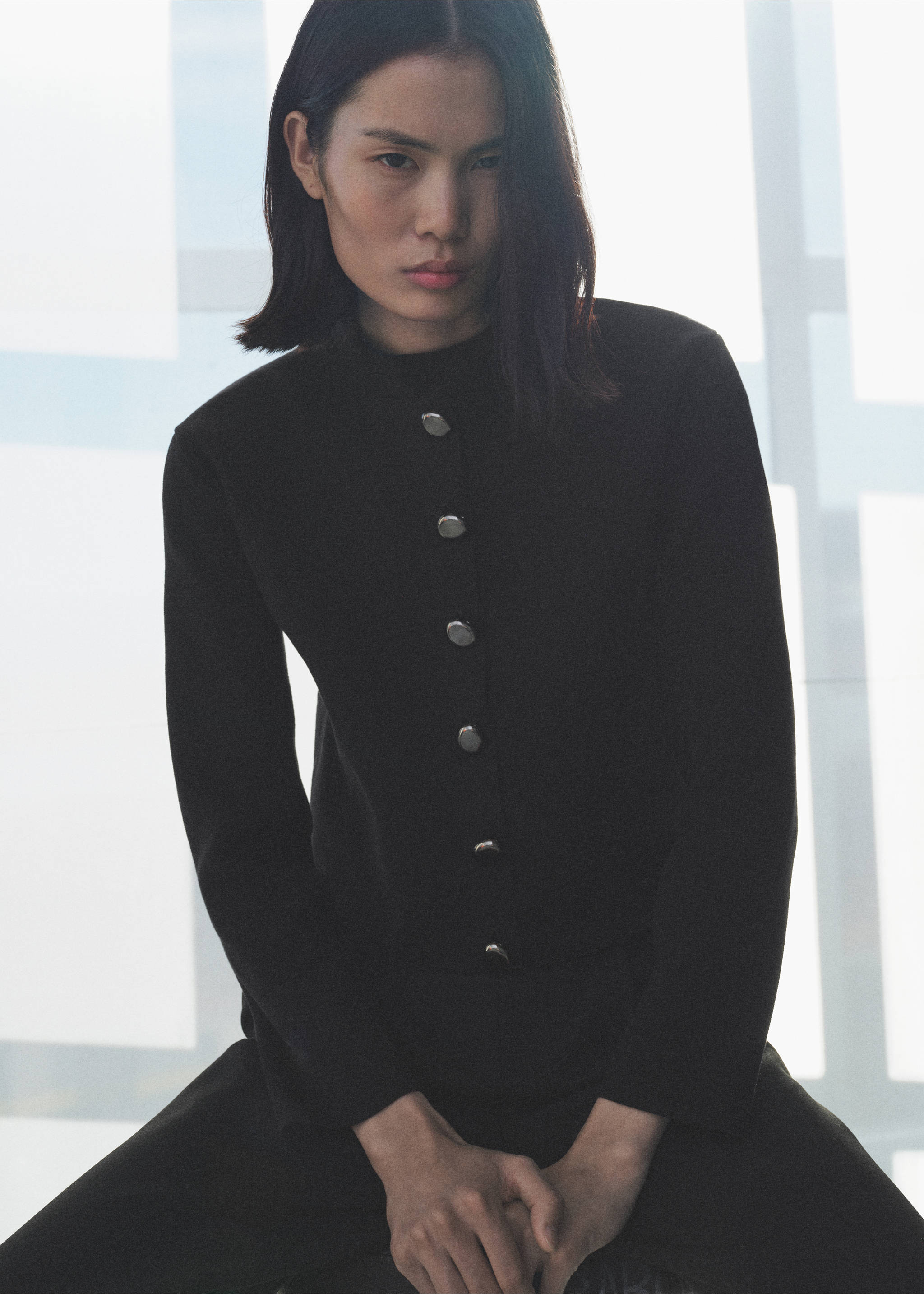 Jacket with jewel-button strip collar - Details of the article 1, Black. Ref: 87034090-00.