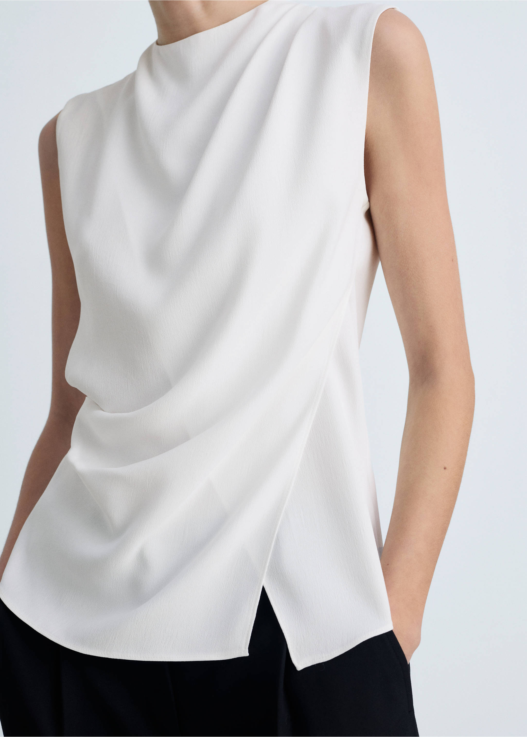 Sleeveless draped blouse - Details of the article 3, Off White. Ref: 87034092-00.