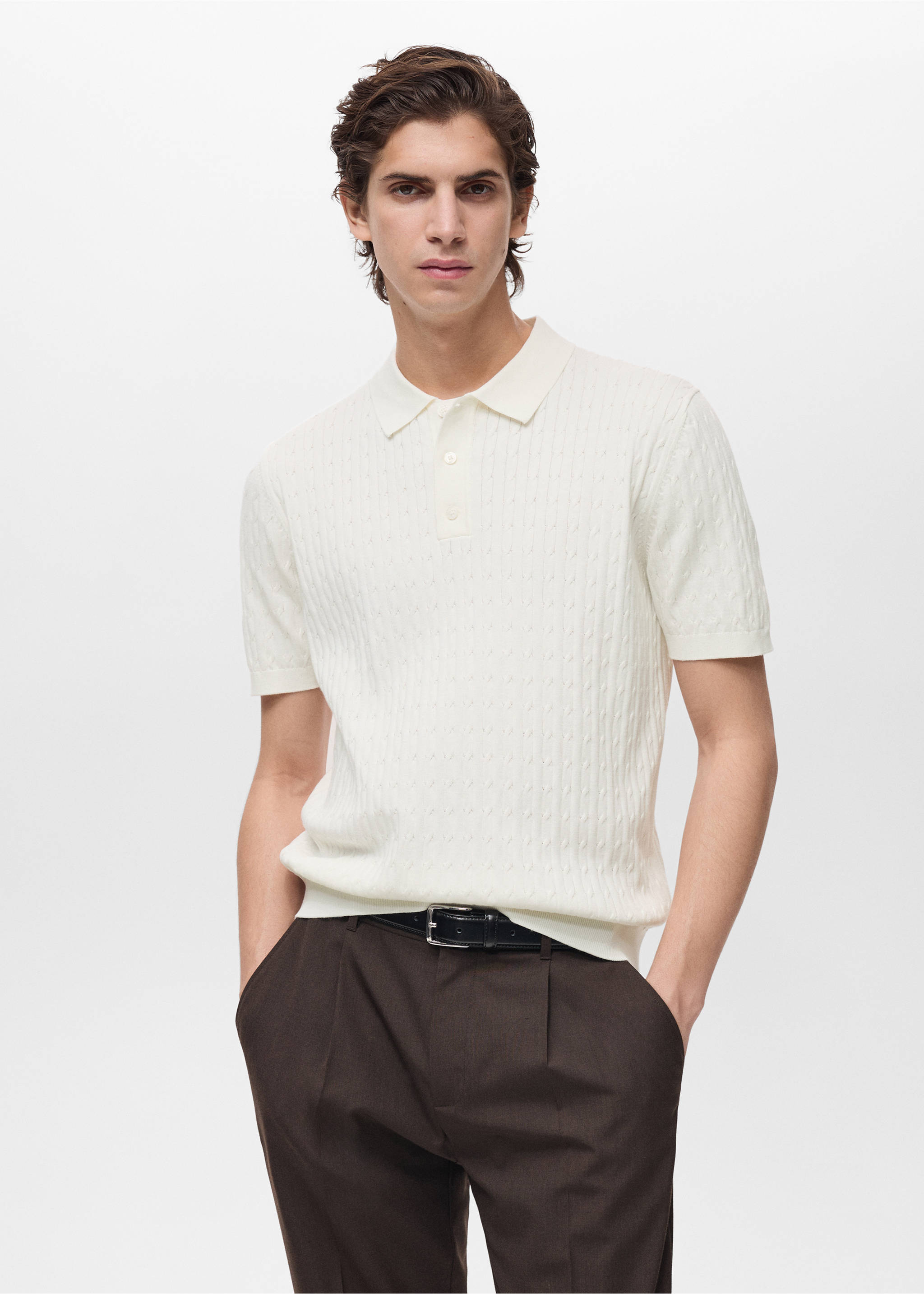 Poloshirt aus 100 % Baumwolle mit großem Perlmuster - Mittlere Ansicht, Cremeweiß. Ref: 87034411-00.