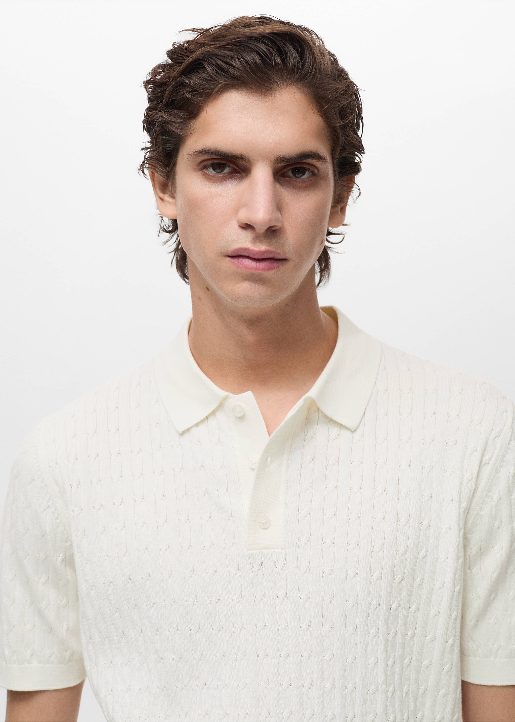 Poloshirt aus 100 % Baumwolle mit großem Perlmuster - Detail des Artikels 1, Cremeweiß. Ref: 87034411-00.