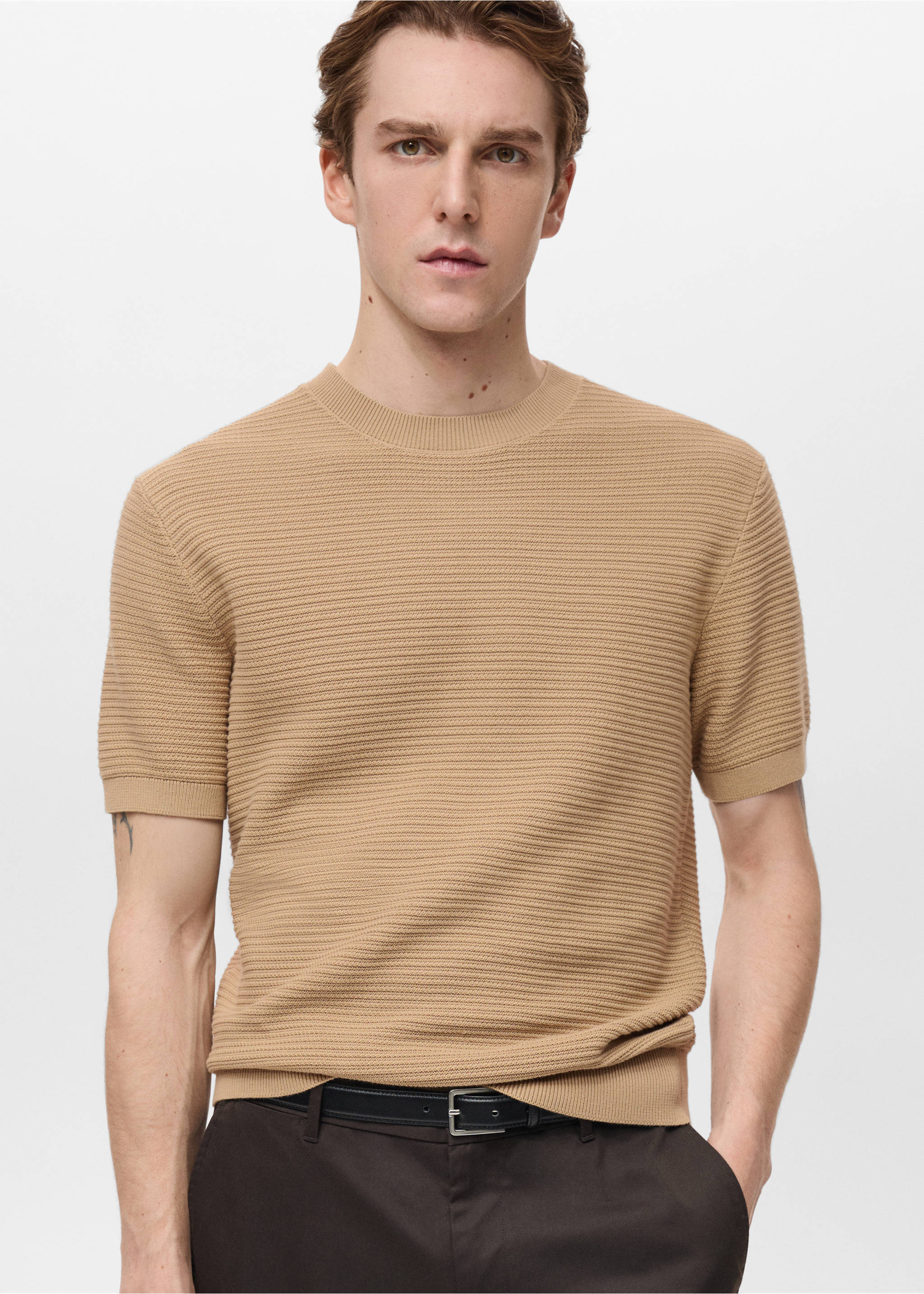 T-shirt maille fine structure - Plan moyen, Marron moyen. Ref: 87034412-00.