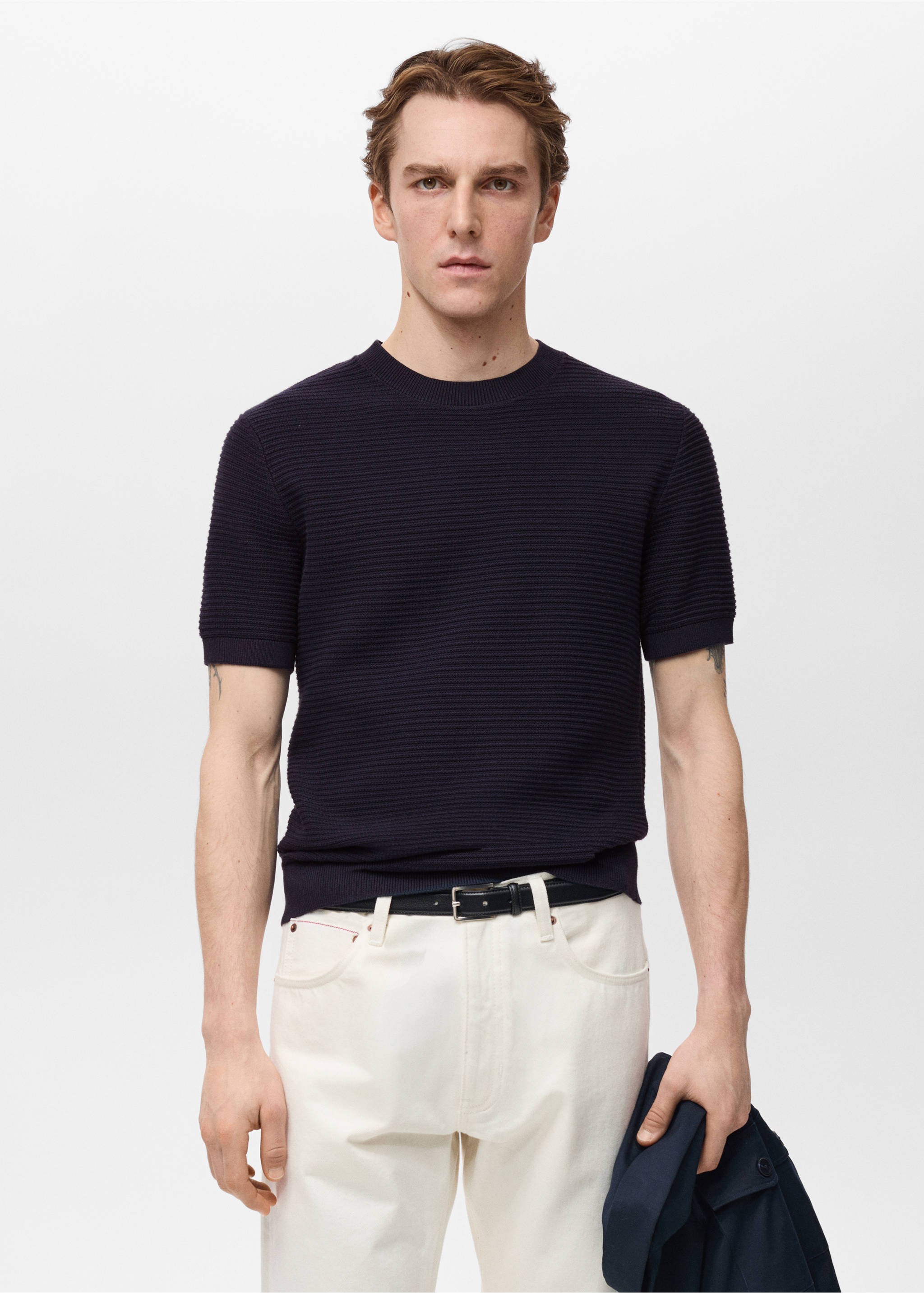 Structure thin knitwear t-shirt - Medium plane, Night Blue. Ref: 87034412-00.