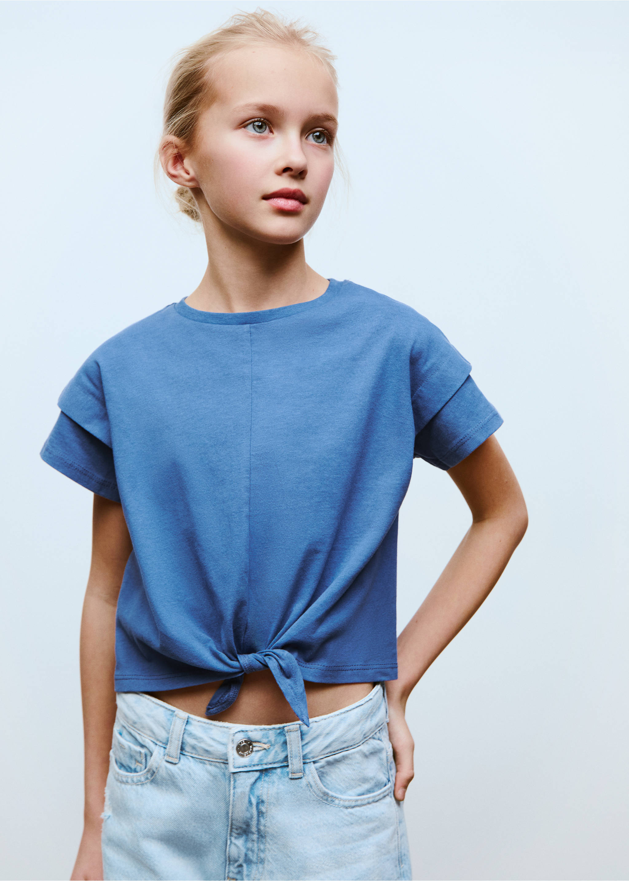 Cotton t-shirt with knot detail - Medium plane, Blue. Ref: 87034801-00.