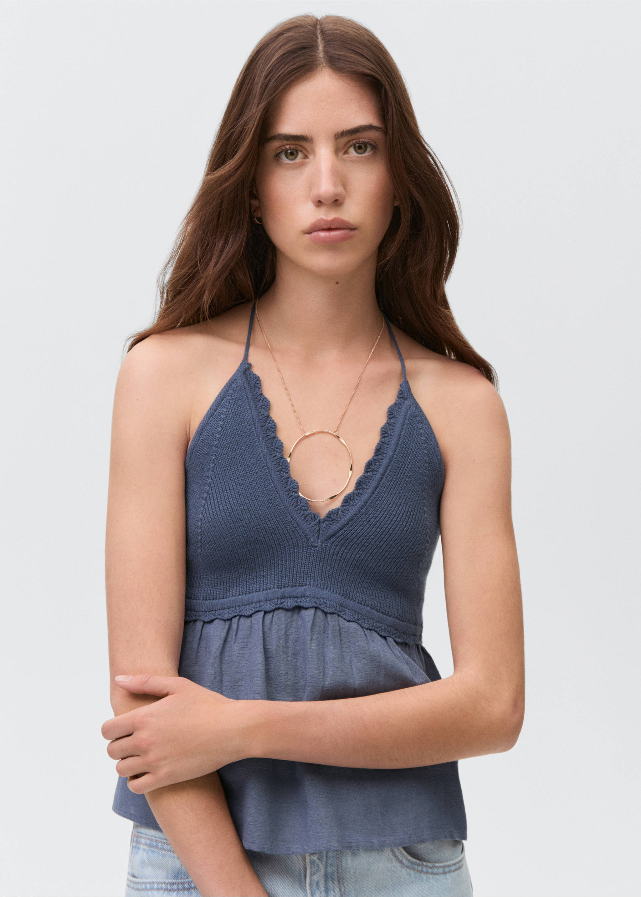 Top en maille col V - Plan moyen, Bleu marine foncé. Ref: 87035735-00.