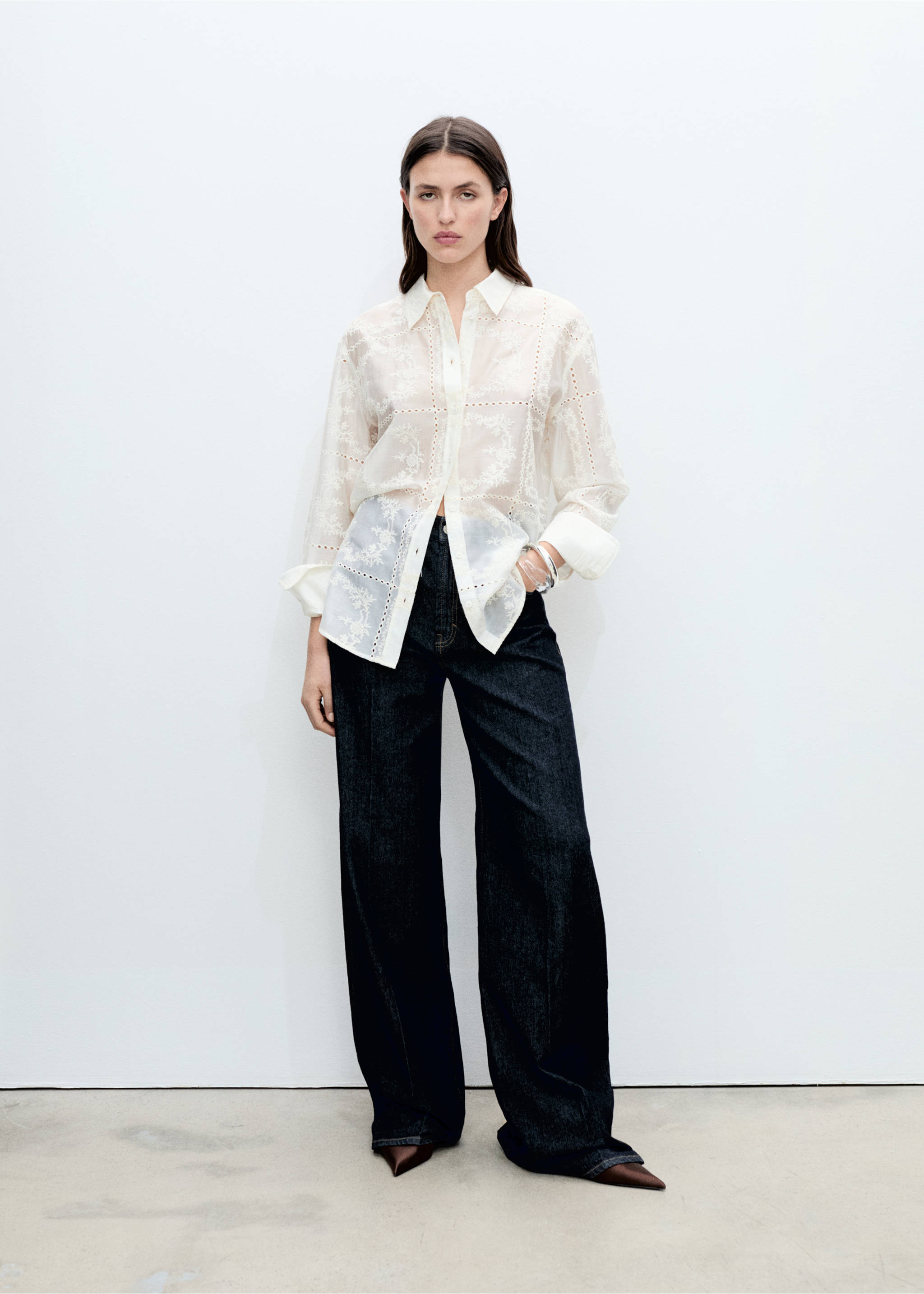 Floral-embroidered lyocell shirt - General plane, Ecru. Ref: 87035743-00.