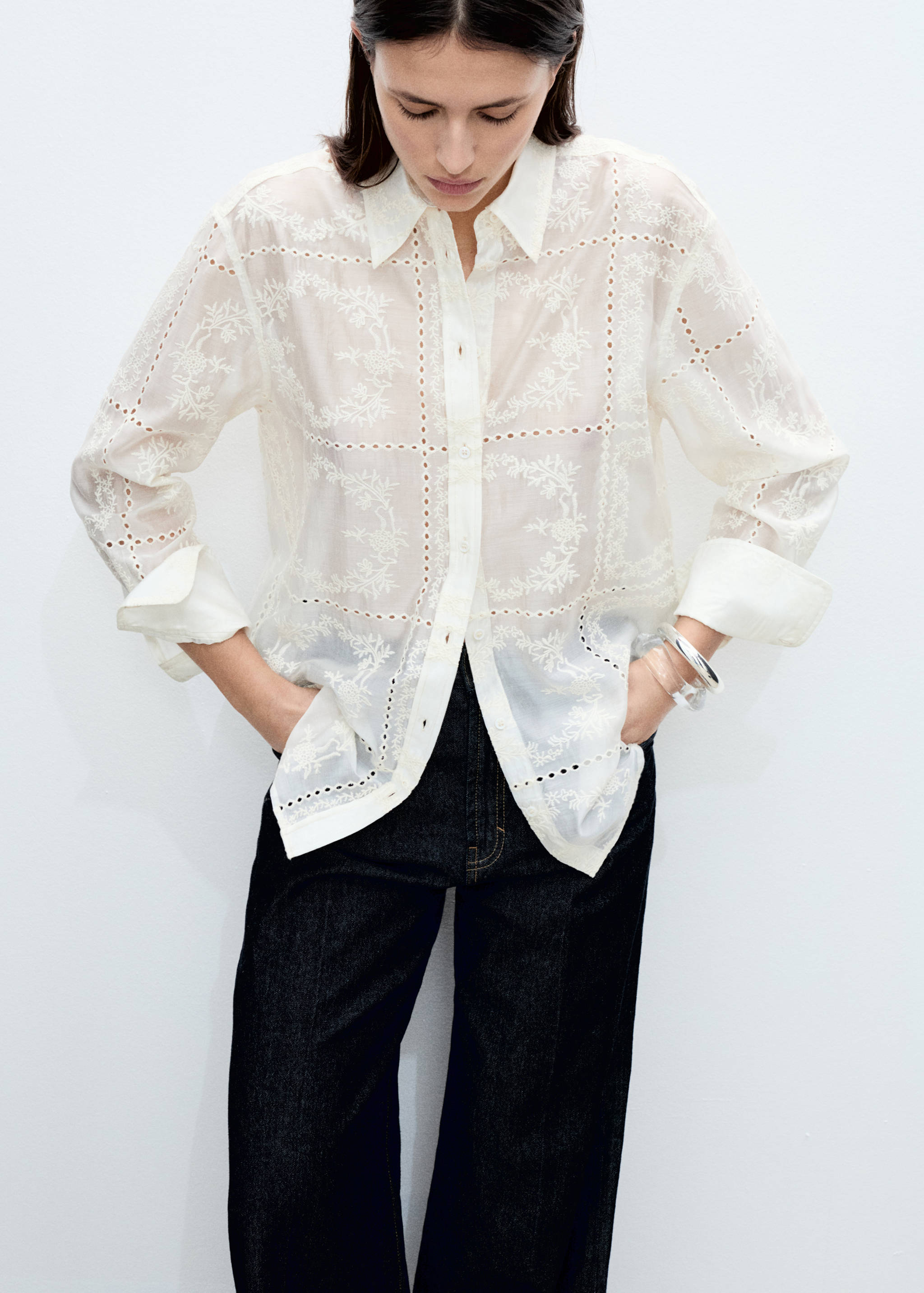 Floral-embroidered lyocell shirt - Medium plane