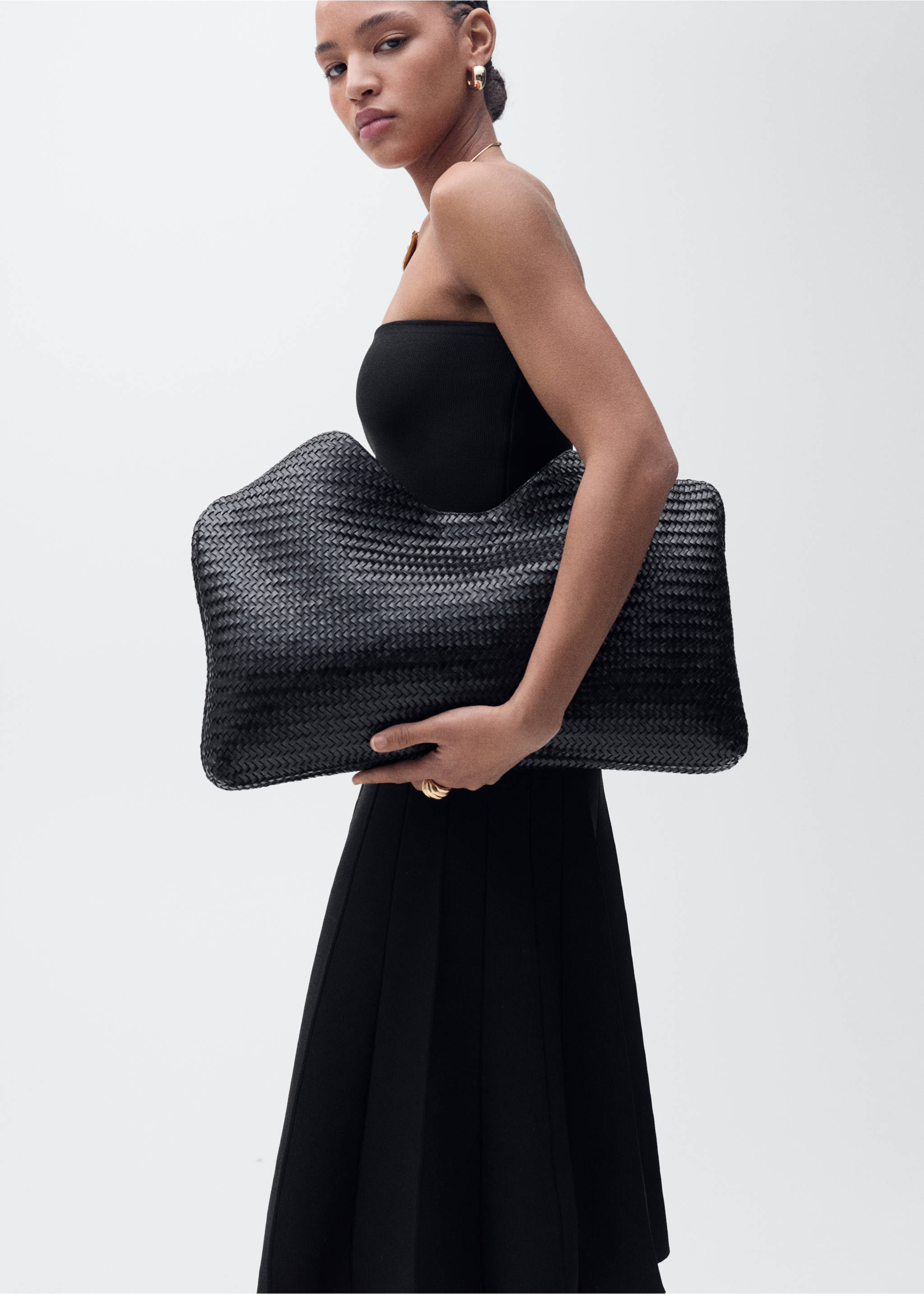 Schulterfreies A-Linien-Strickkleid - Mittlere Ansicht, Schwarz. Ref: 87035763-00.