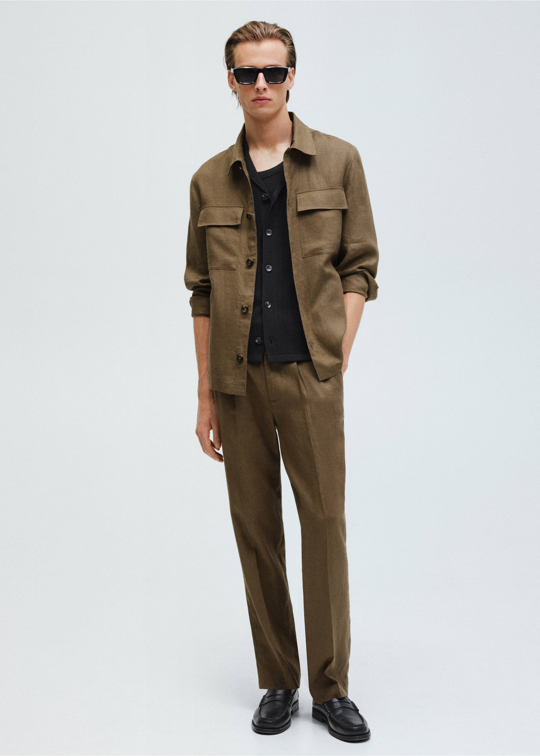 Pantalón 100% lino pinzas - Detalle del artículo 9, Verde medio. Ref: 87035920-00.