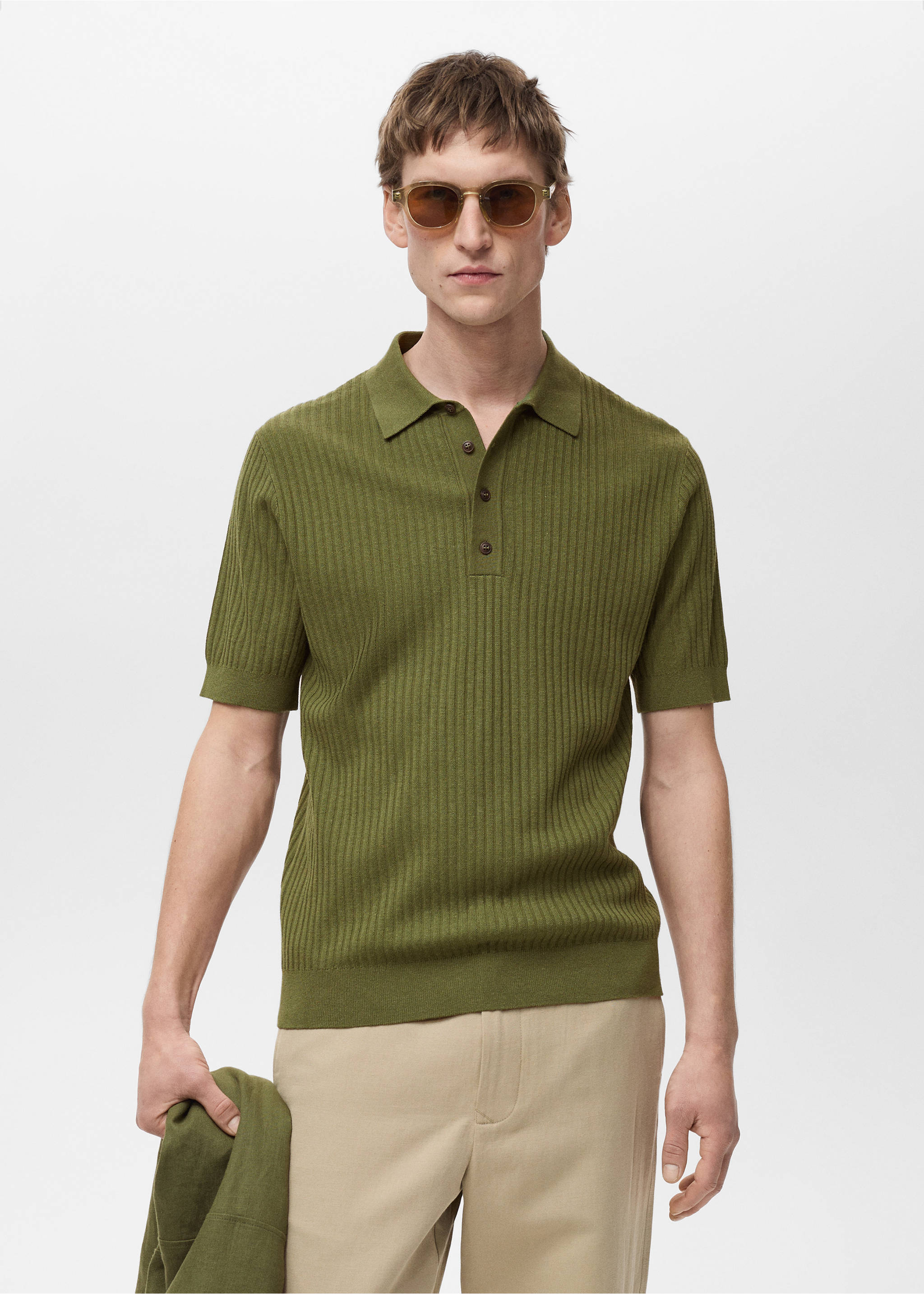 Polo coton mélangé maille côtelée - Plan moyen, Vert. Ref: 87035935-00.