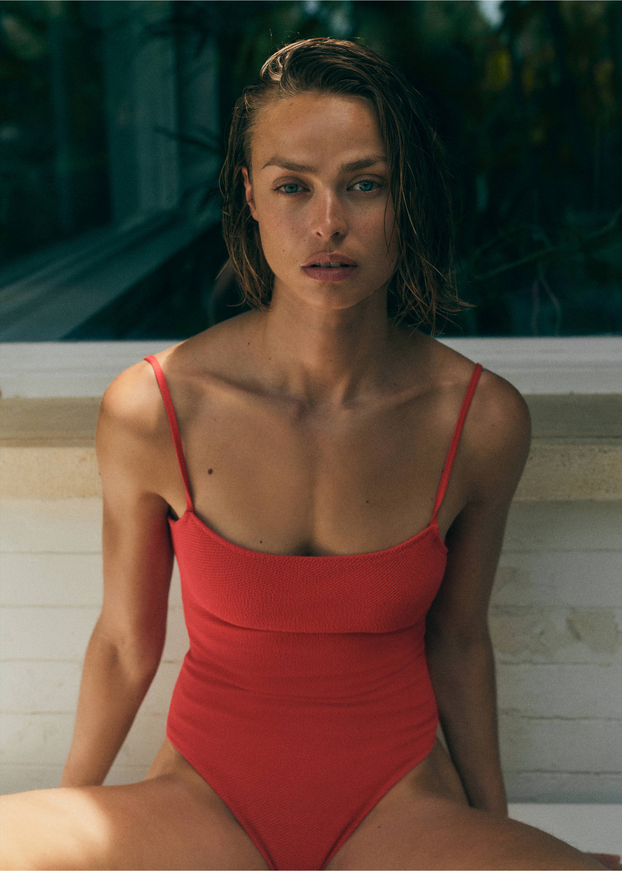 Ribbed knit straps swimsuit - Medium plane, Red. Ref: 87035956-00.