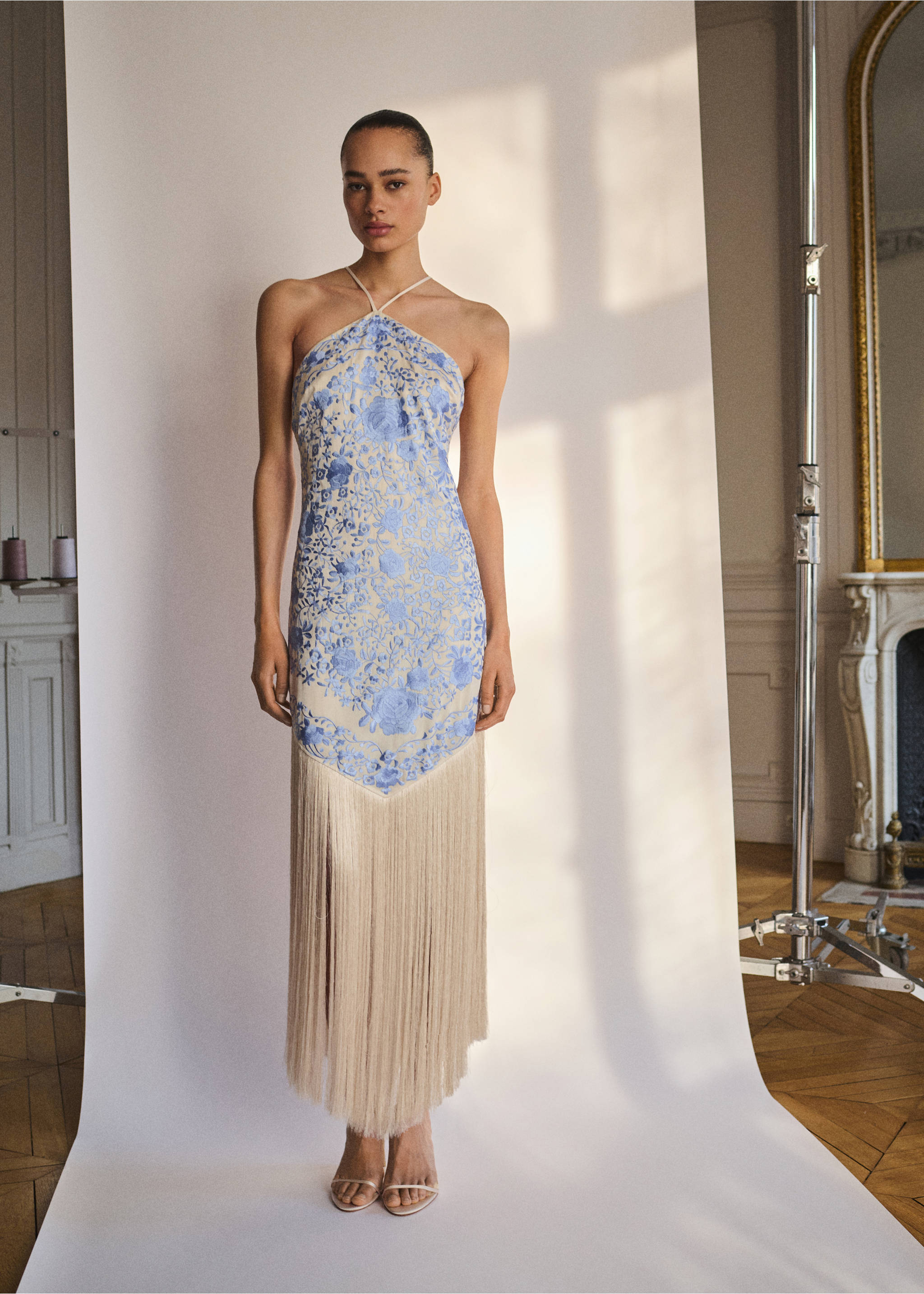 Vestido bordado flores detalle flecos - Plano general, Azul celeste. Ref: 87035969-00.