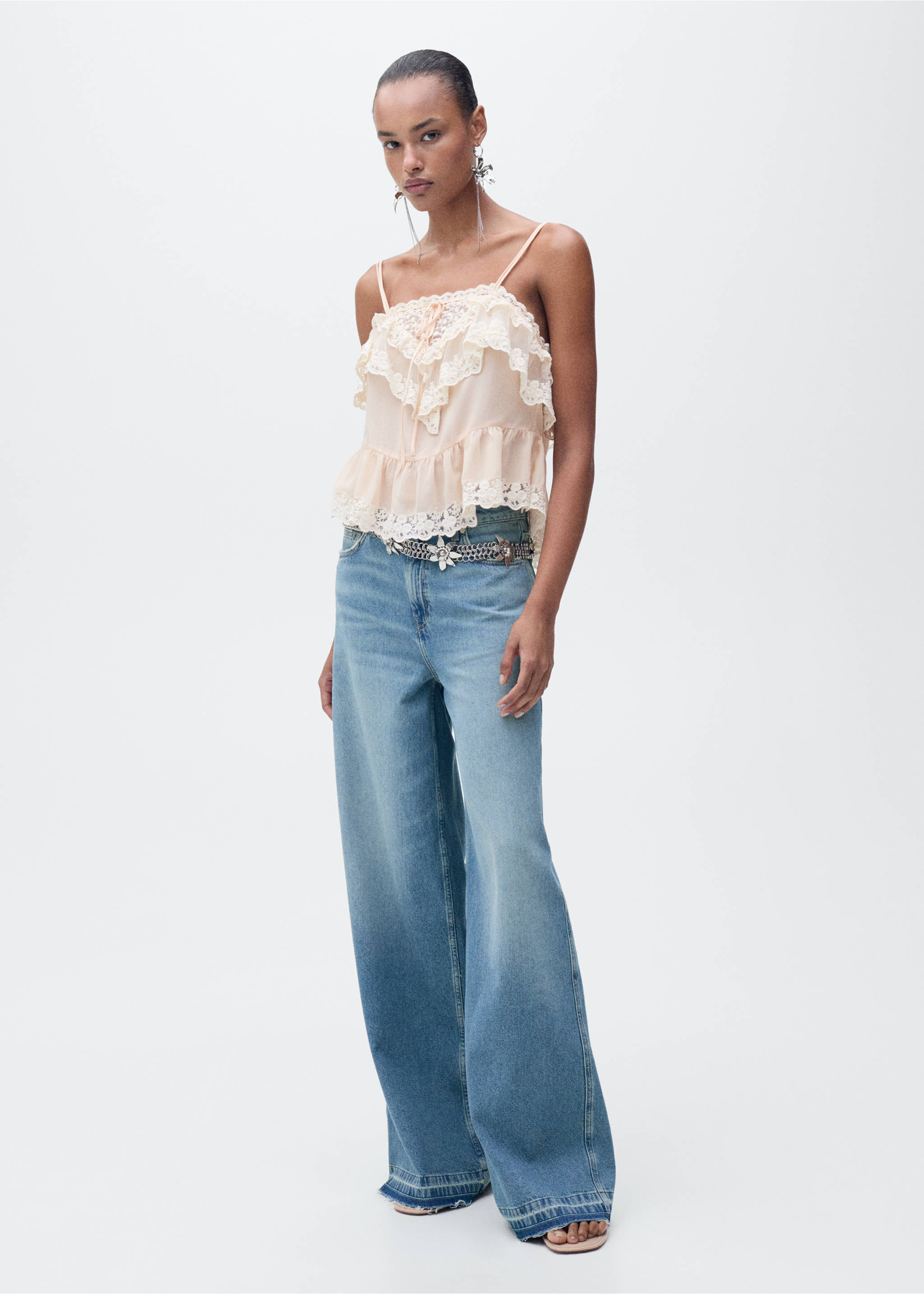 Wide leg jeans with frayed hem - General plane, Medium Blue. Ref: 87035992-00.