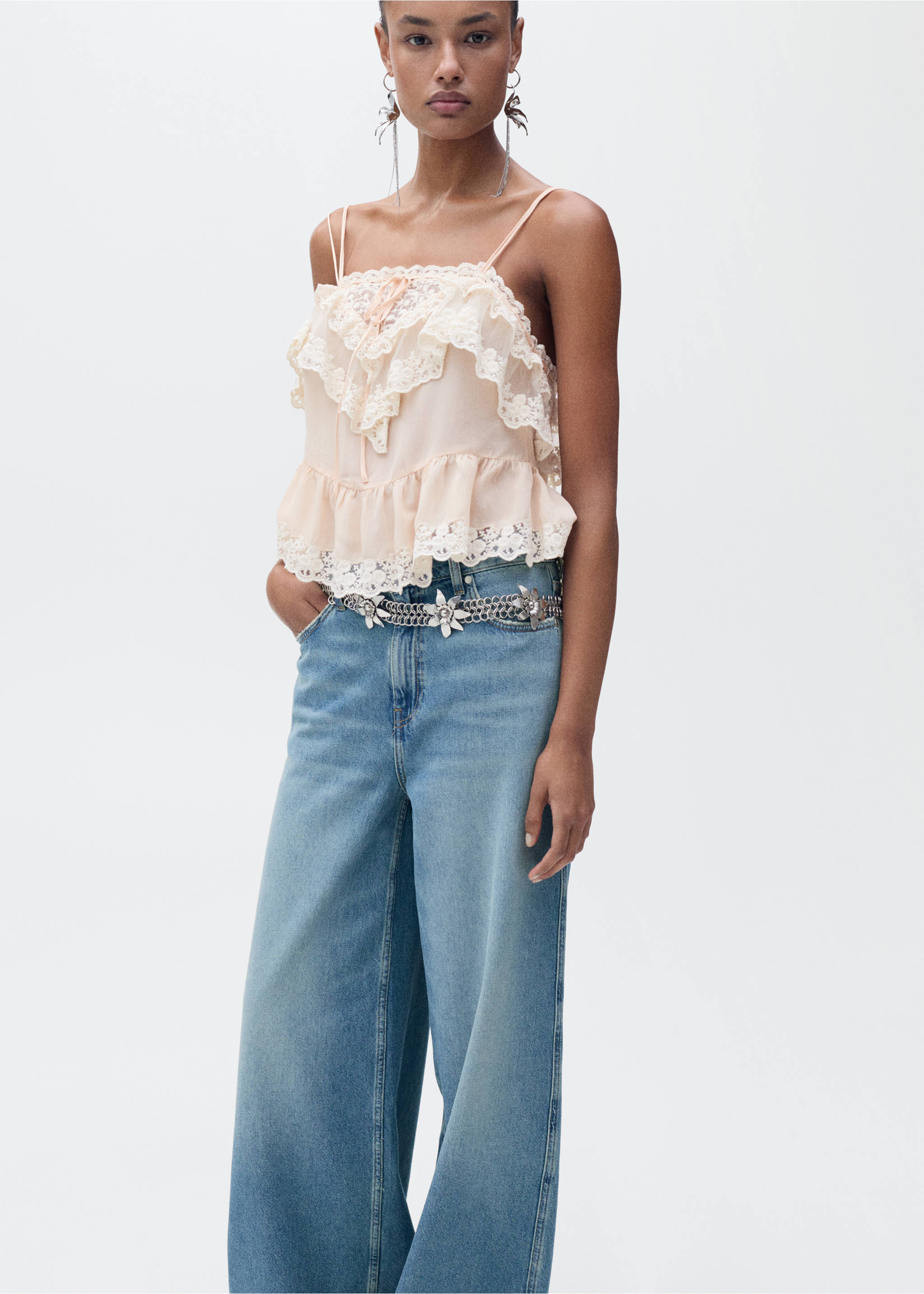 Wide leg jeans with frayed hem - Details of the article 1, Medium Blue. Ref: 87035992-00.