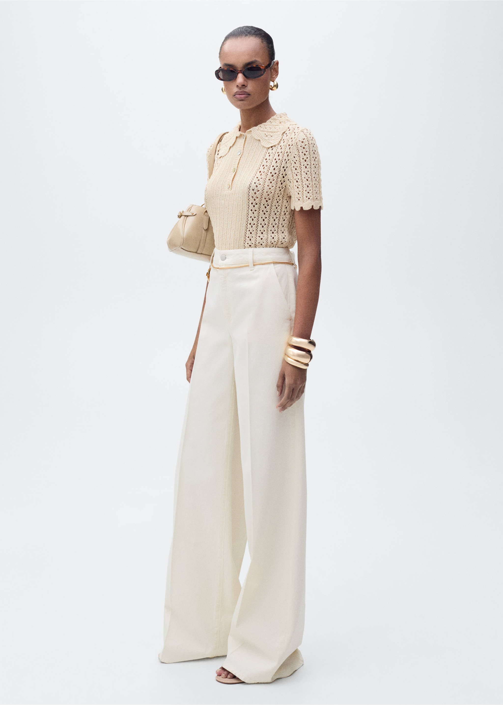 High-waisted wideleg jeans - Details of the article 2, Ecru. Ref: 87035993-00.