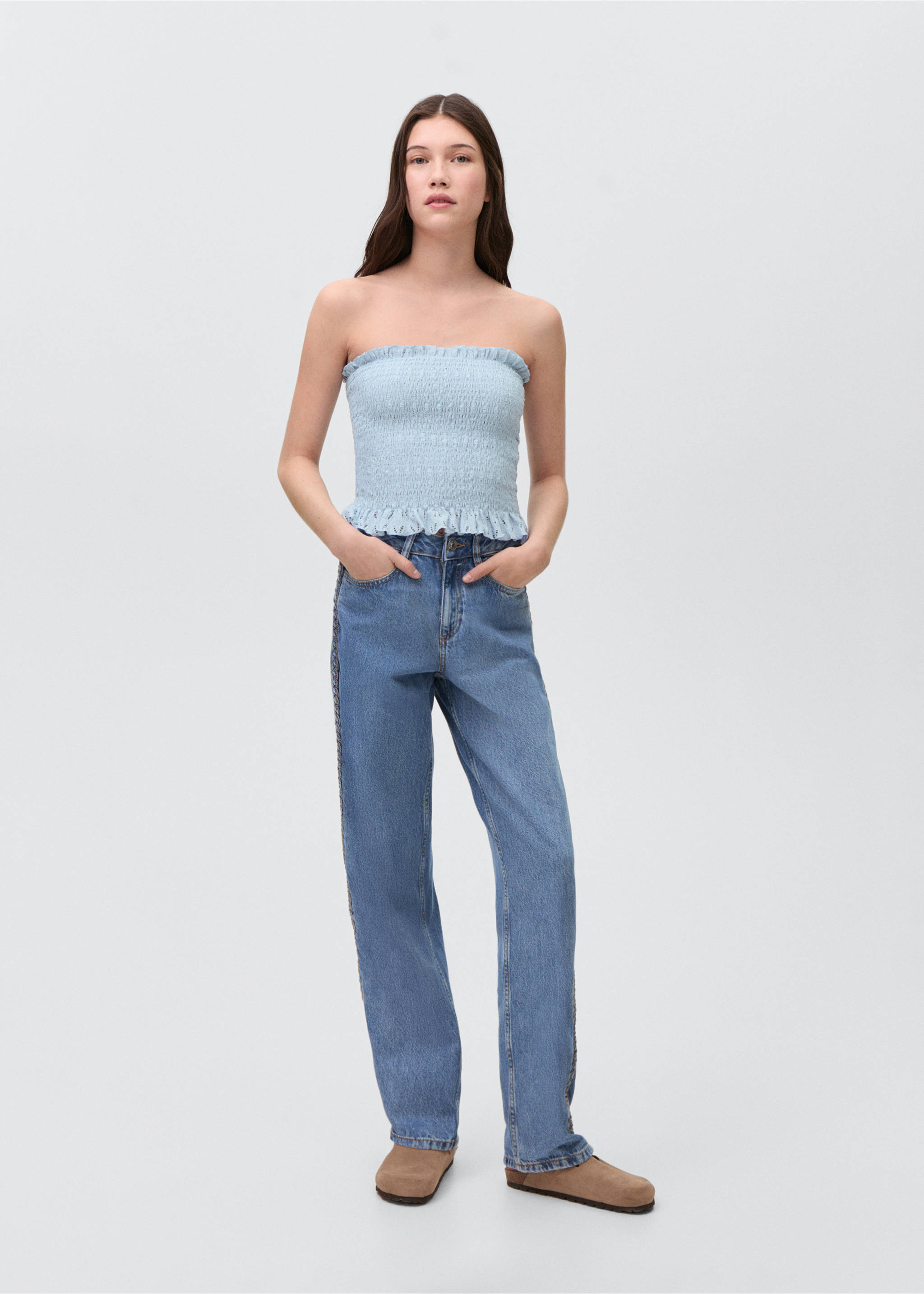 Schulterfreies Top mit Raffdetails - Allgemeine Ansicht, Himmelblau. Ref: 87036336-00.