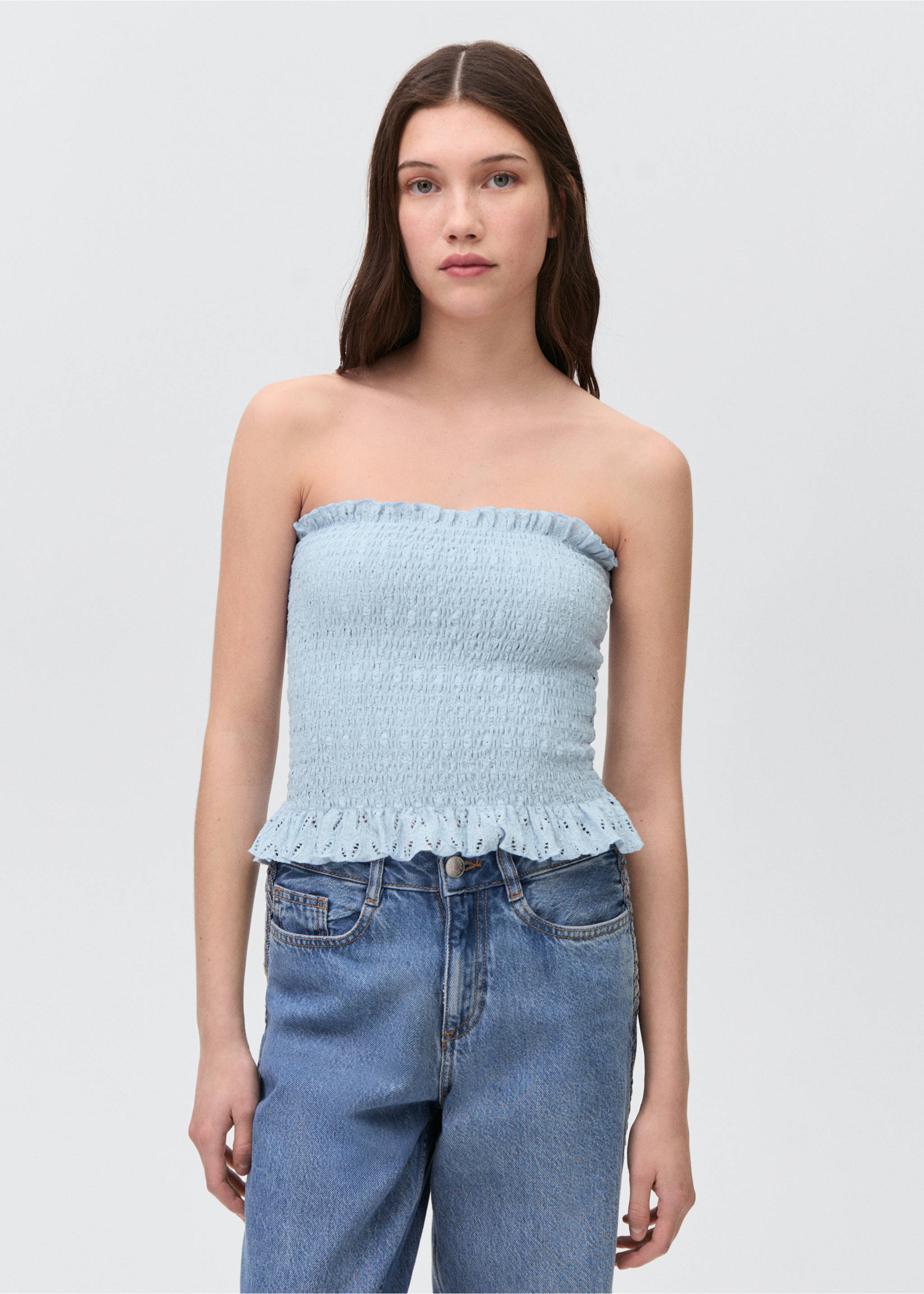 Schulterfreies Top mit Raffdetails - Mittlere Ansicht, Himmelblau. Ref: 87036336-00.
