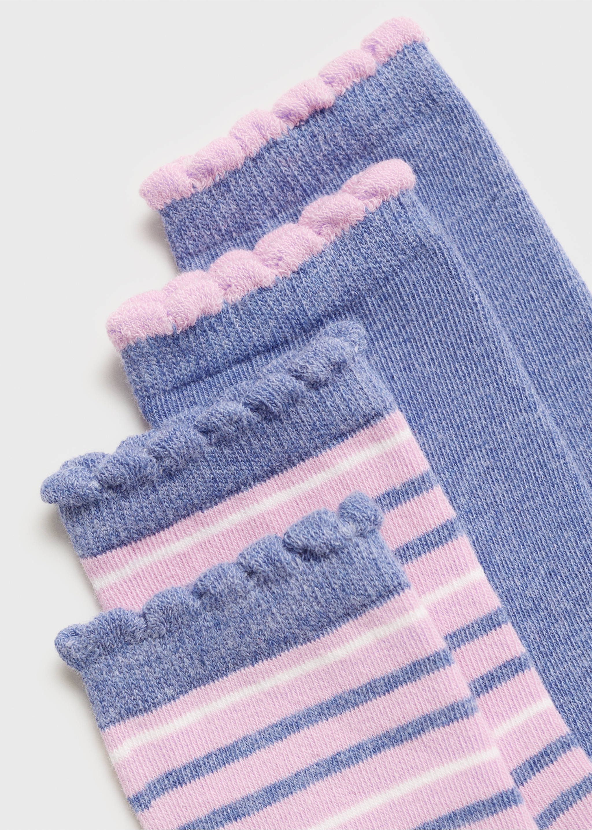 Close-up of periwinkle blue socks with pink scalloped trim and striped pattern., Lilac. Ref: 87036347-00.