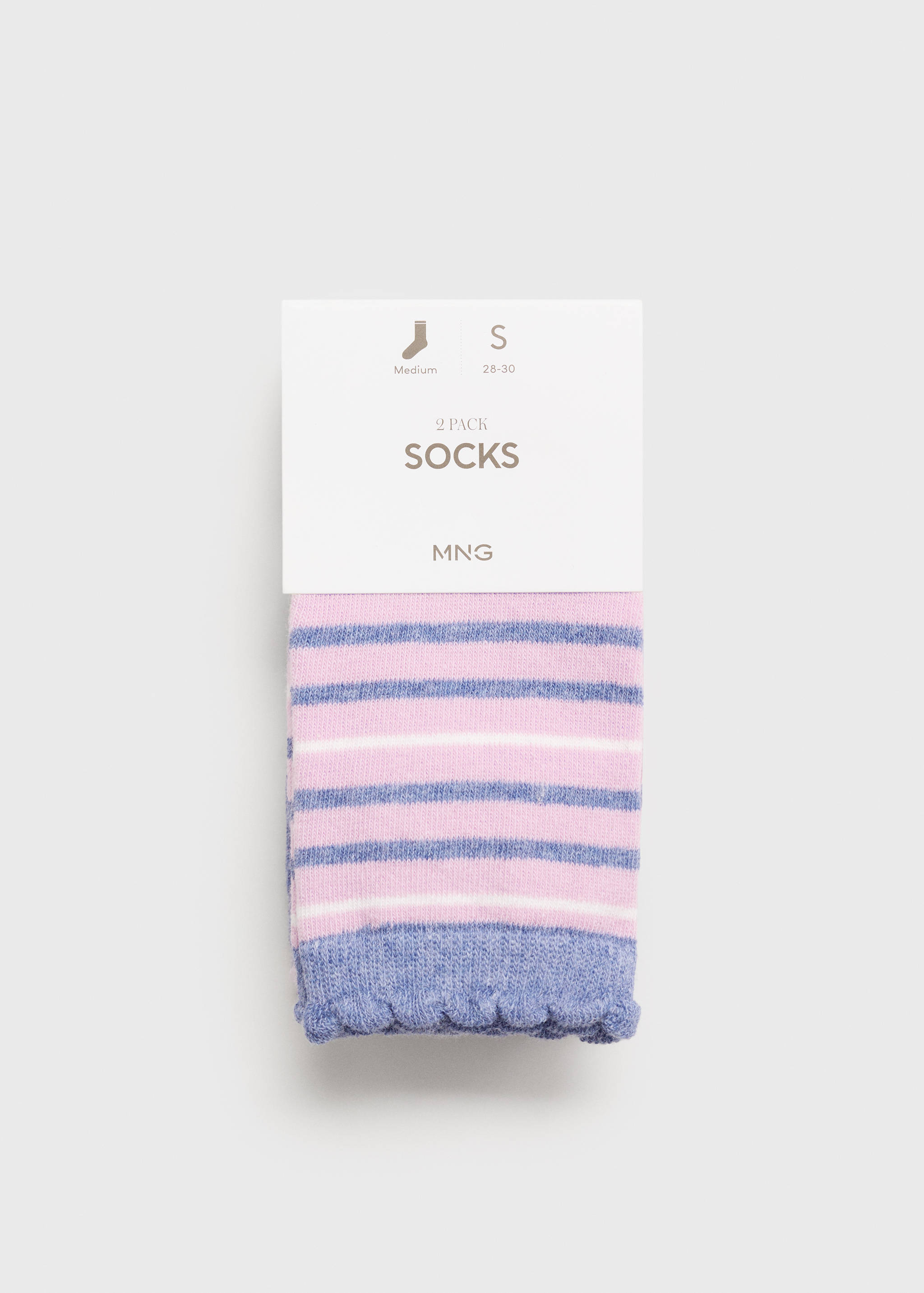 Kids' striped socks in pink and blue with a ruffled trim.