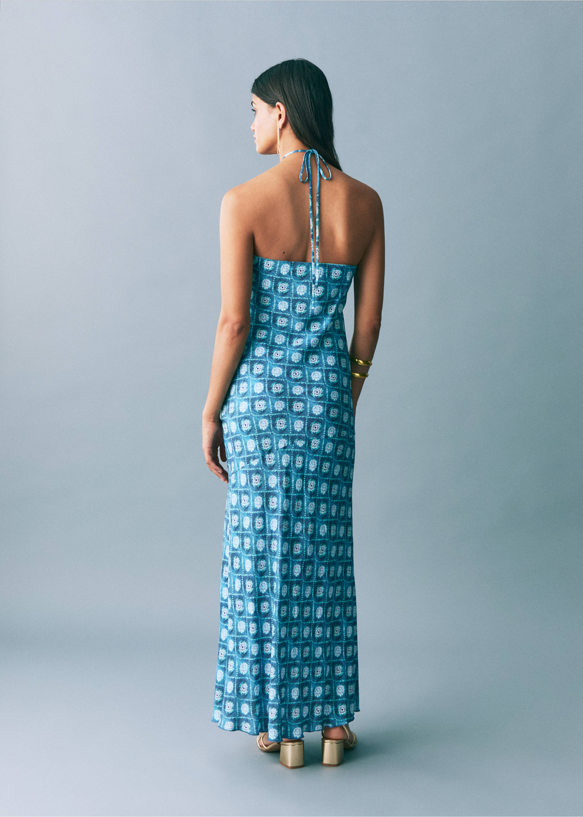 Halter-neck printed dress - Reverse of the article, Petrol Blue. Ref: 87036370-00.