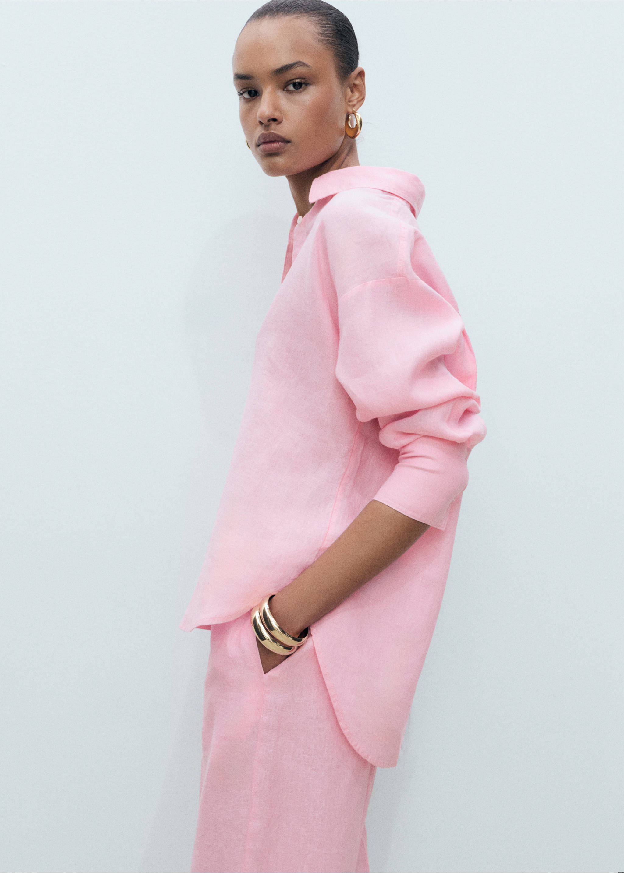 Linen oversized shirt - Medium plane, Light Pink. Ref: 87037162-00.