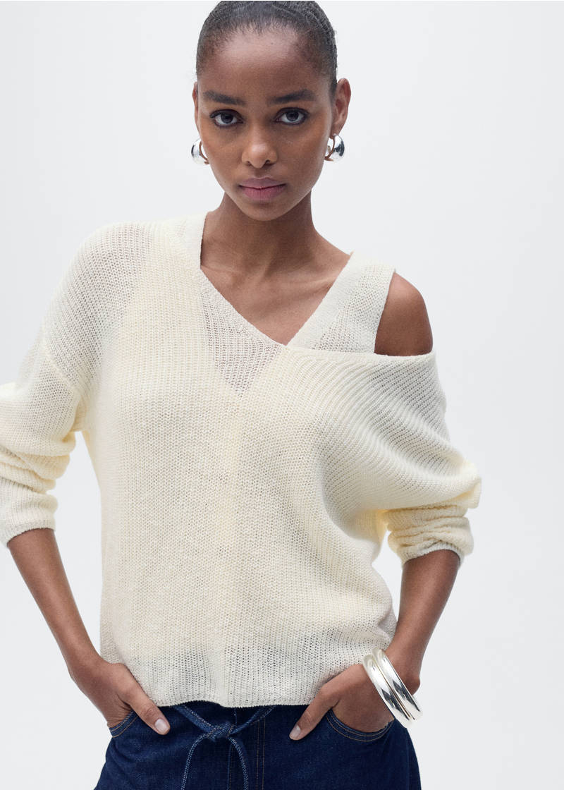 V-neck knit sweater - Ecru