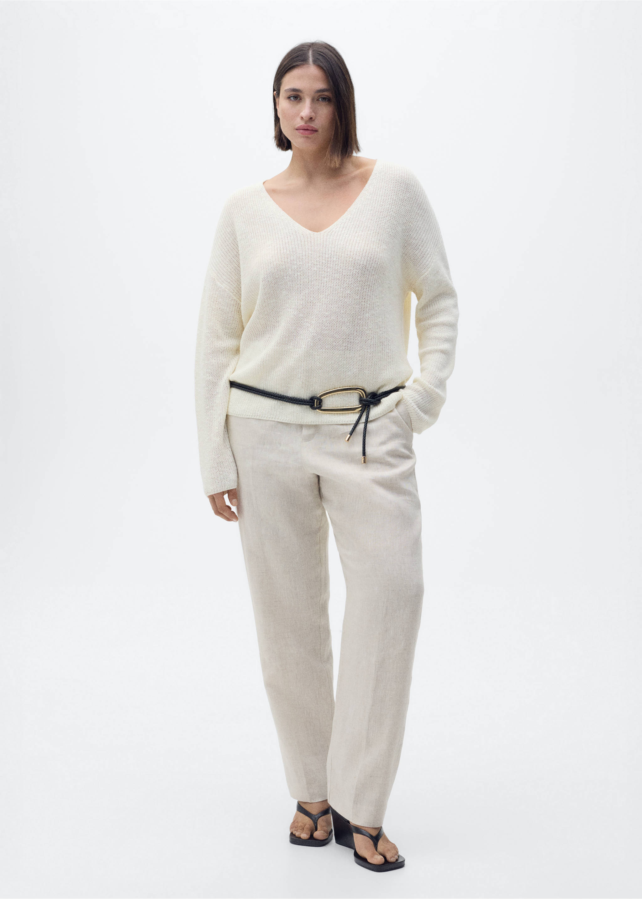 V-neck knit sweater - Details of the article 3, Ecru. Ref: 87037165-00.
