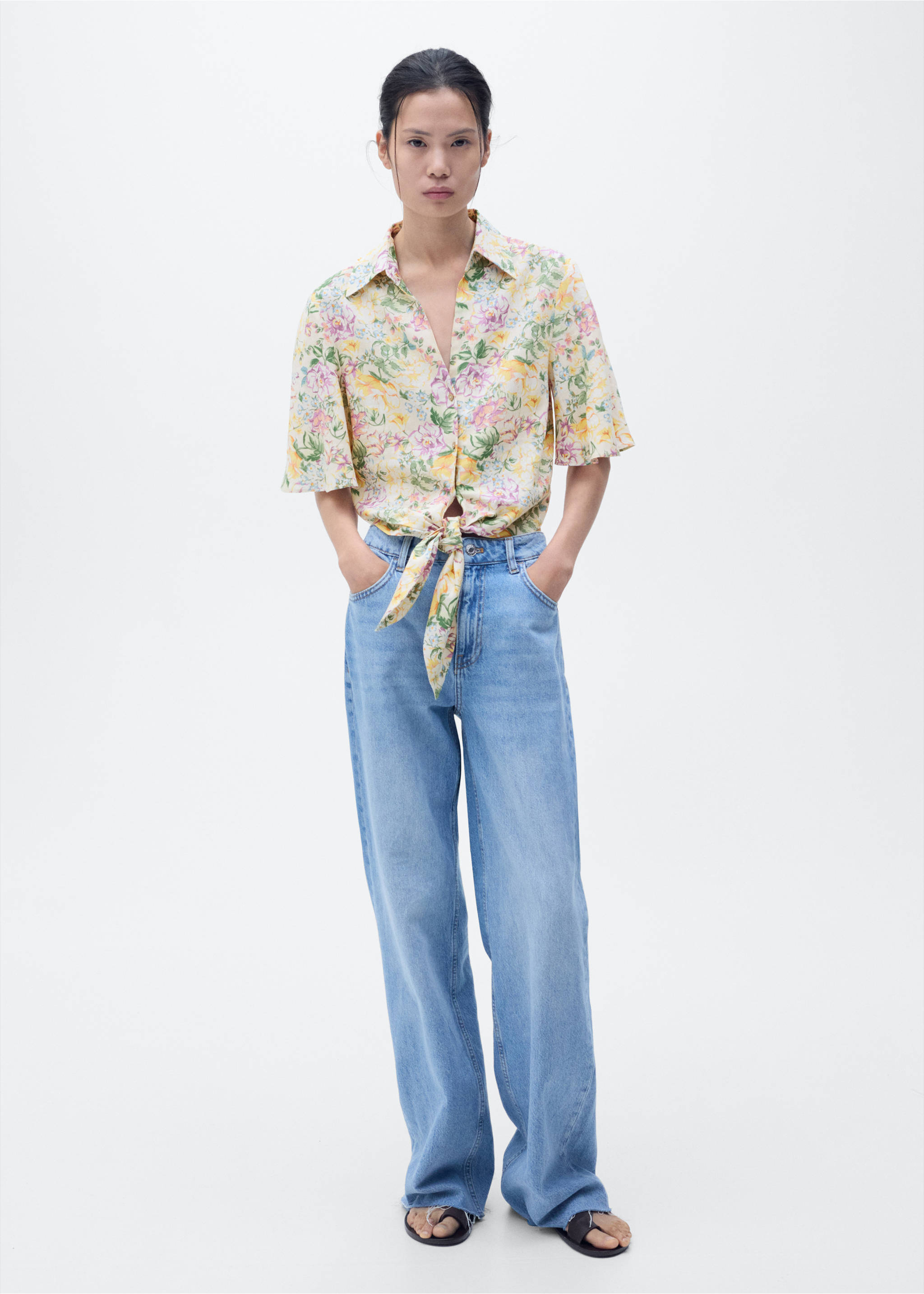 Floral linen shirt with knot detail - General plane, Ecru. Ref: 87037177-00.