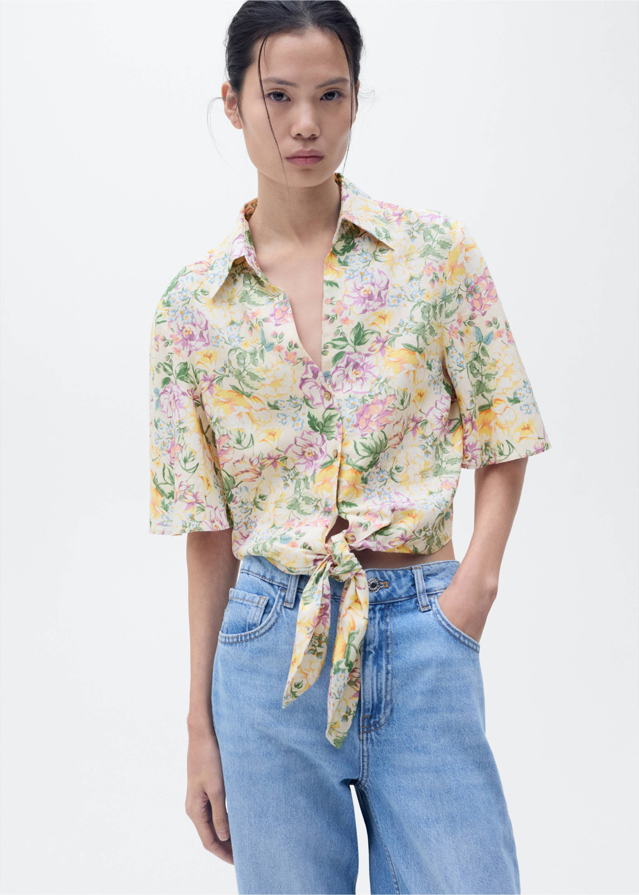 Floral linen shirt with knot detail - Medium plane, Ecru. Ref: 87037177-00.