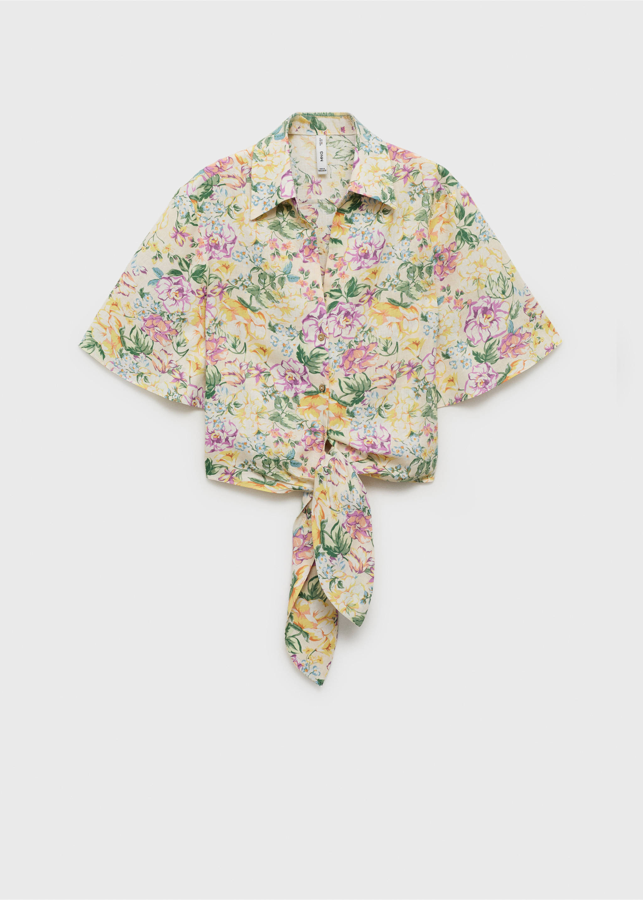 Floral linen shirt with knot detail - Article without model, Ecru. Ref: 87037177-00.