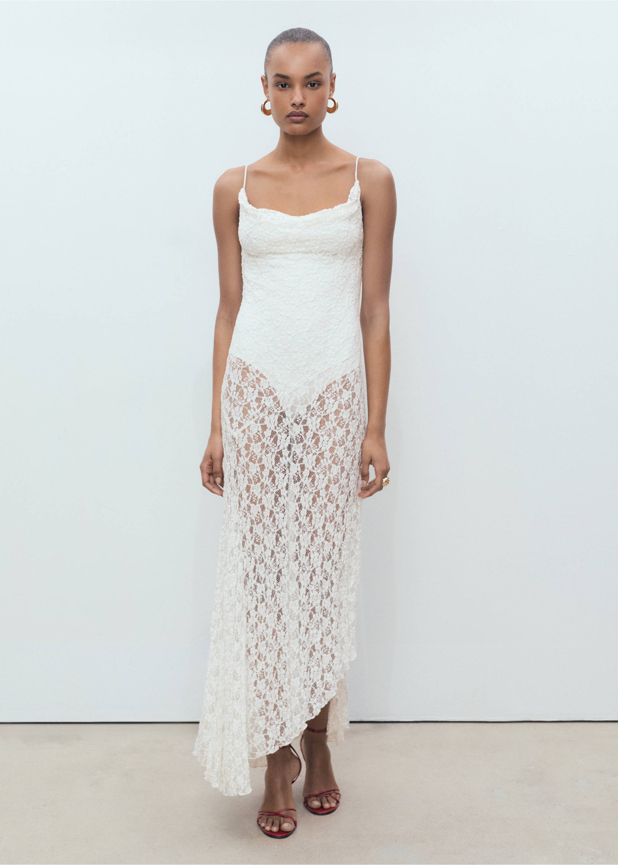 Lace dress with draped neck - General plane, Off White. Ref: 87037179-00.
