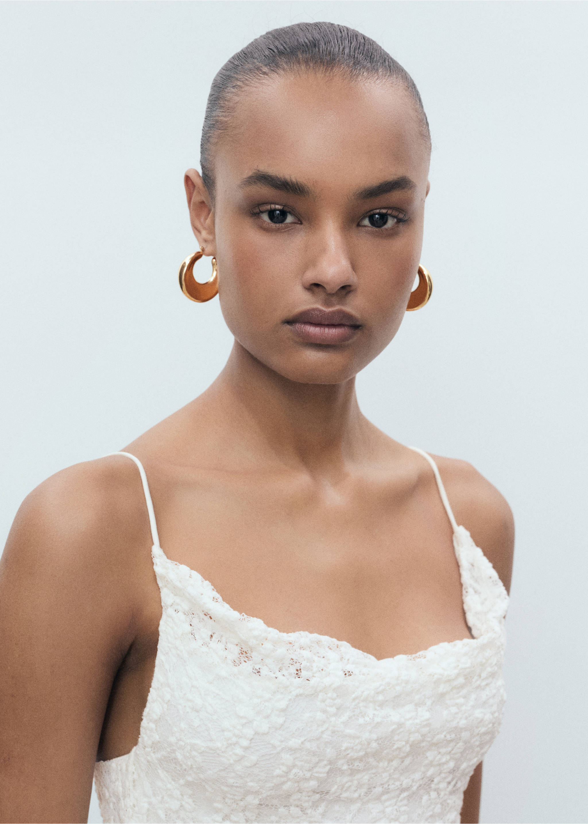Lace dress with draped neck - Details of the article 1, Off White. Ref: 87037179-00.